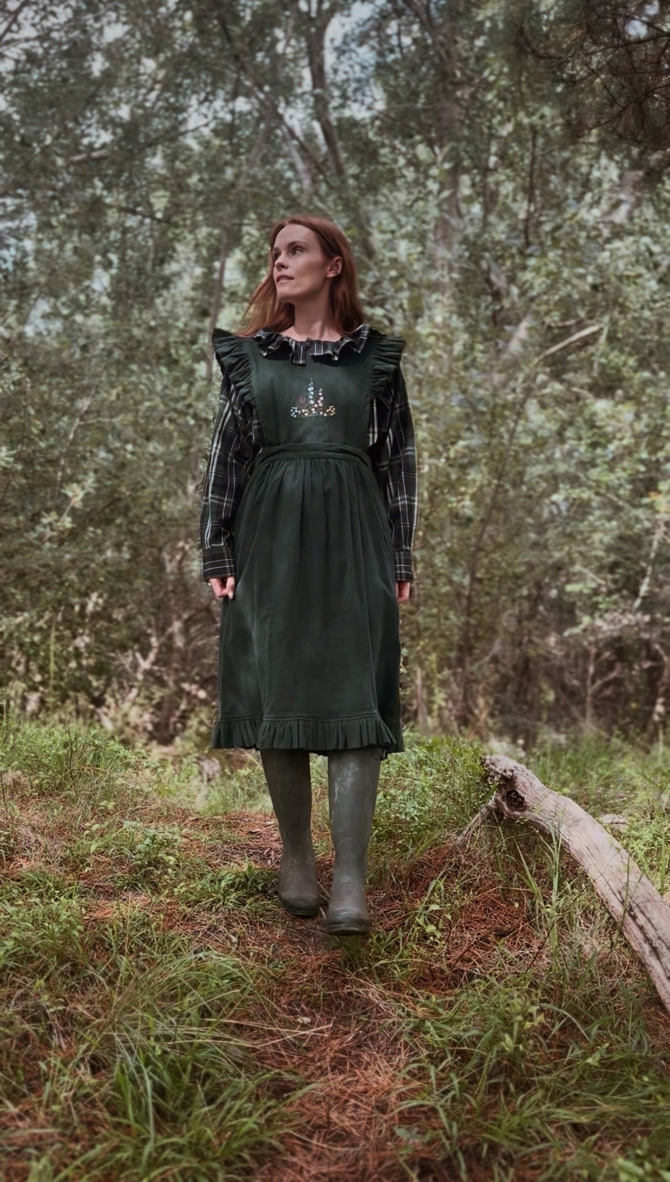 100% RECYCLED COTTON - ANOUK RUFFLE PINAFORE/SKIRT CORDUROY FOREST GREEN