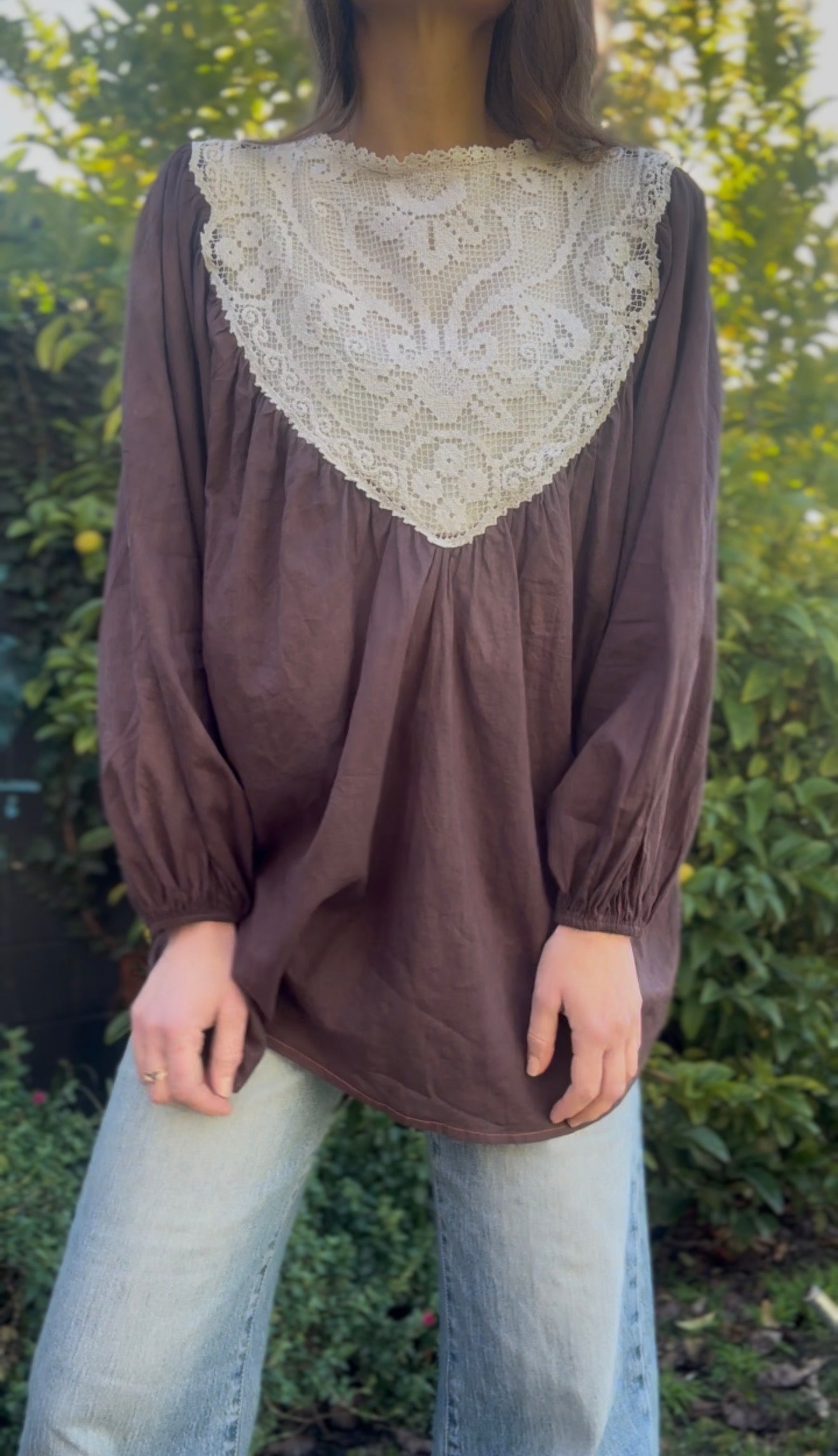 ONE OF A KIND SMOCK REWORKED BLOUSE BROWN WITH FILET LACE - XL