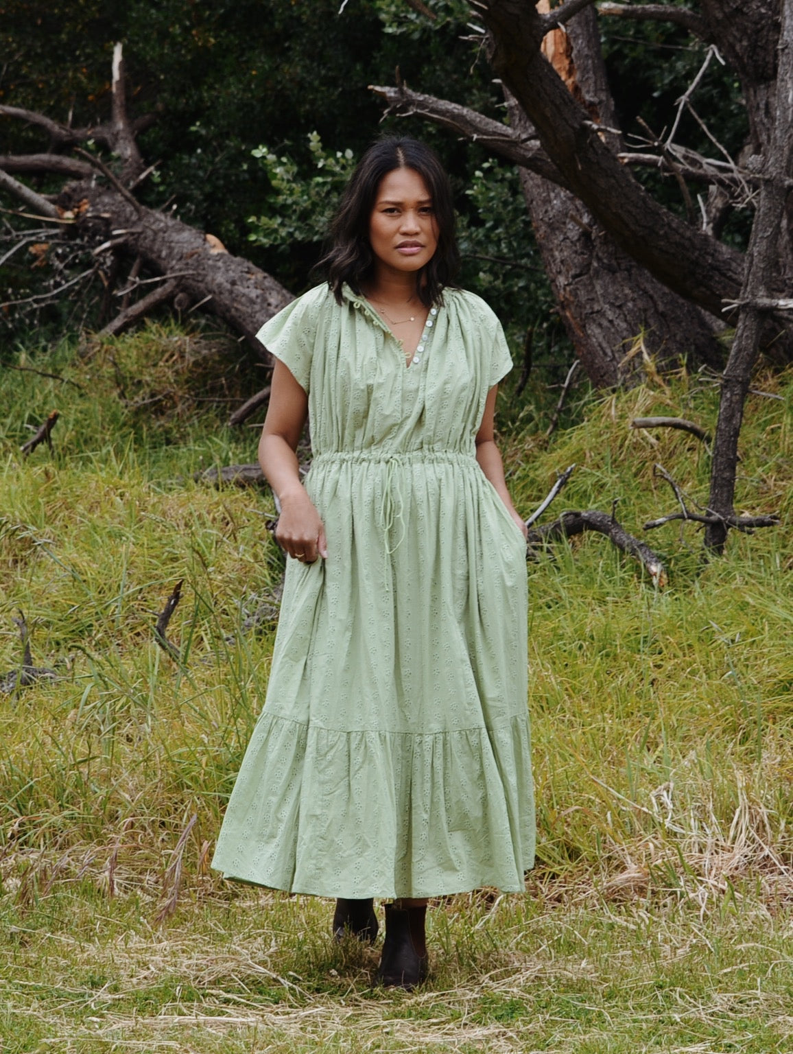 100% RECYCLED COTTON - ISABEL DRESS SAGE COTTON LACE