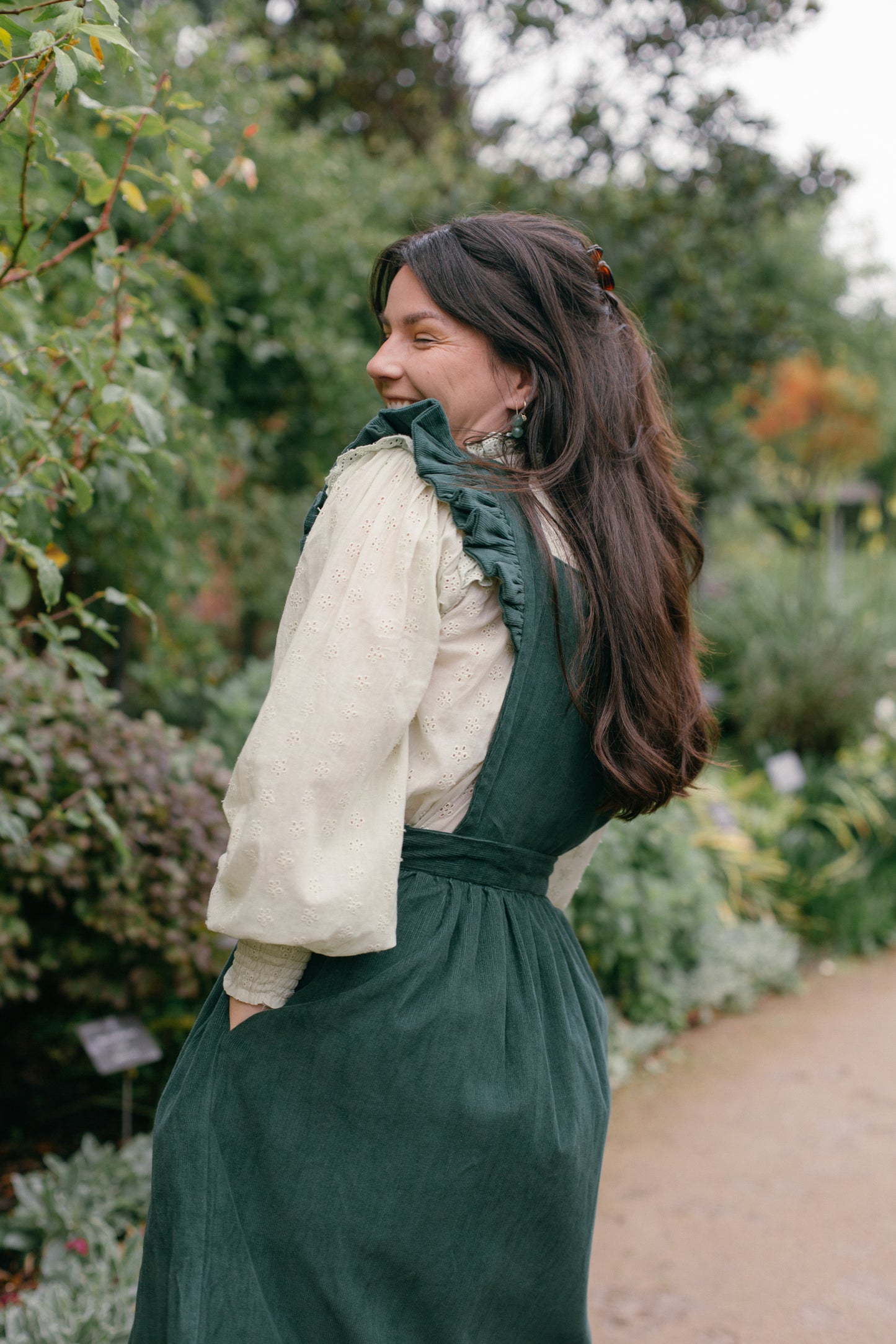 100% RECYCLED COTTON - ANOUK RUFFLE PINAFORE/SKIRT CORDUROY FOREST GREEN