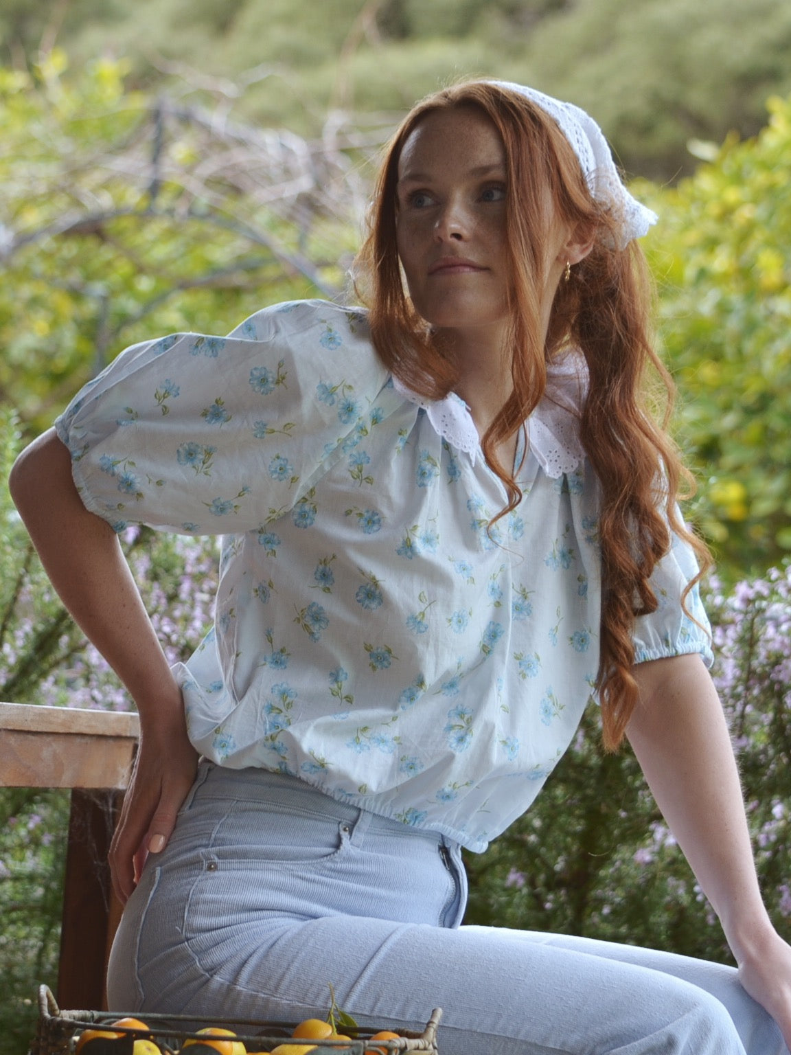REWORKED - ONE OF A KIND SMOCK CROP BLOUSE BLUE FLORAL EXTRA SMALL