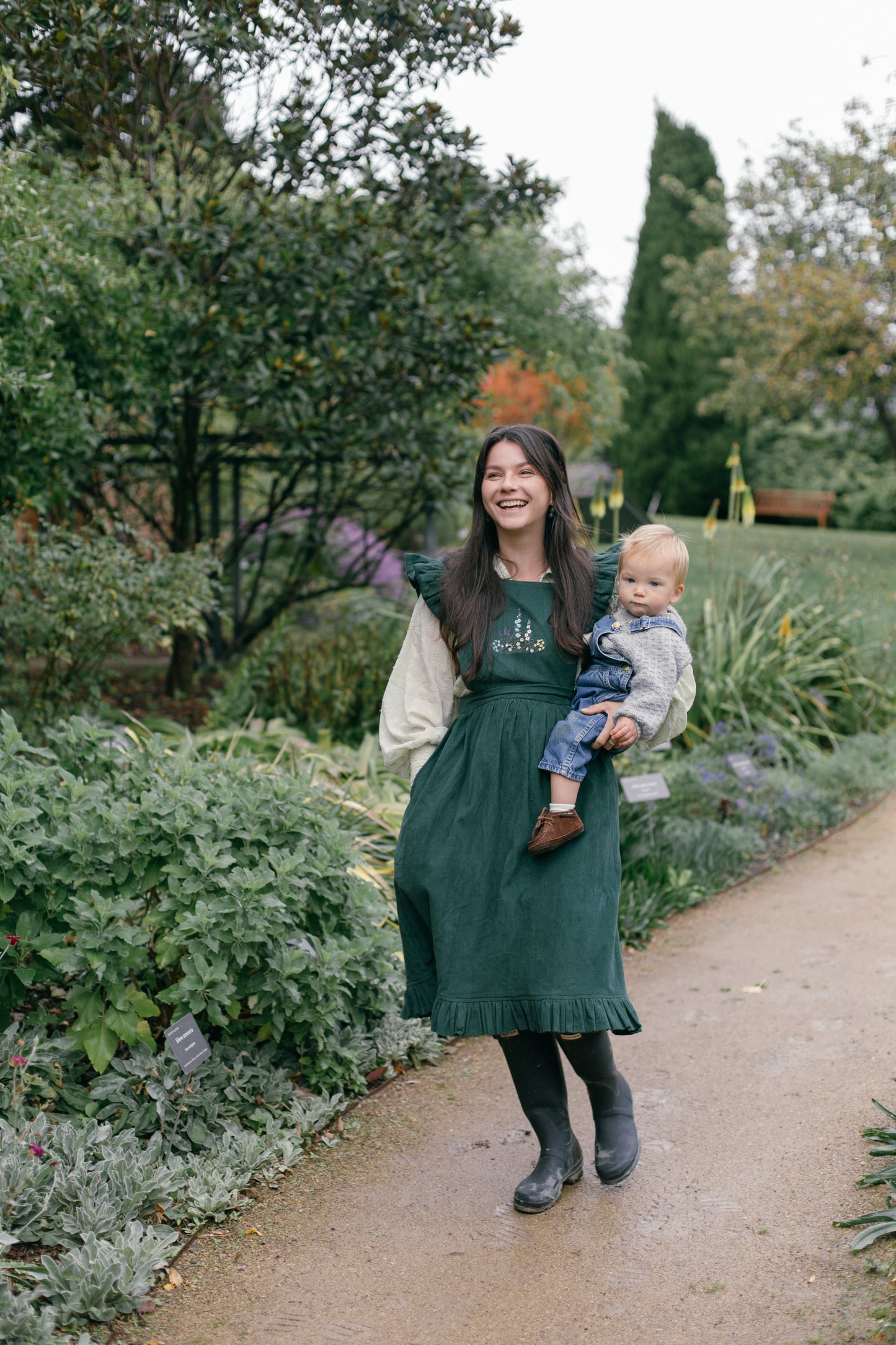 100% RECYCLED COTTON - ANOUK RUFFLE PINAFORE/SKIRT CORDUROY FOREST GREEN