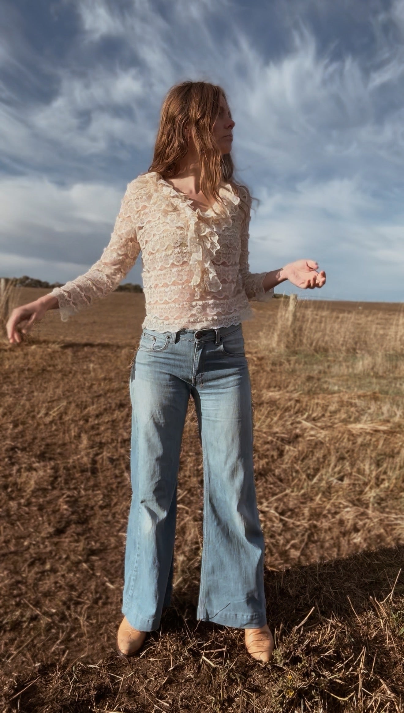 VINTAGE JOHN CRAIG LACE RUFFLE BLOUSE CREAM XS