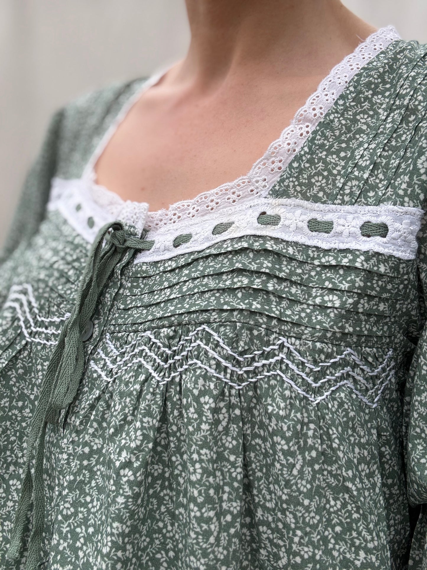 100% RECYCLED COTTON - MORNING SONG HAND SMOCKED TIERED DRESS - SAGE GREEN FLORAL