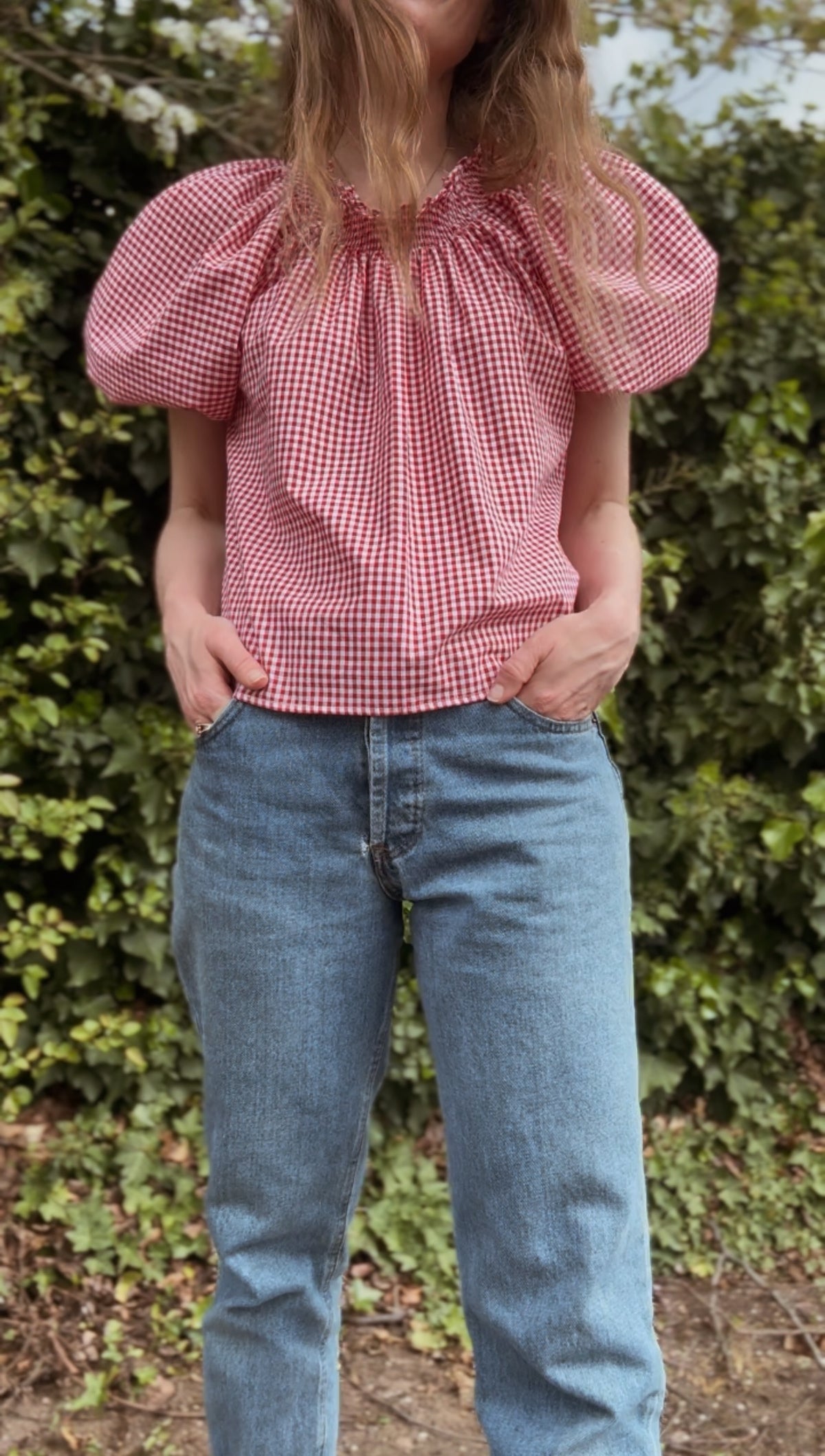 ANYA SMOCK BLOUSE RED GINGHAM COTTON