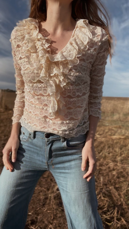 VINTAGE JOHN CRAIG LACE RUFFLE BLOUSE CREAM XS