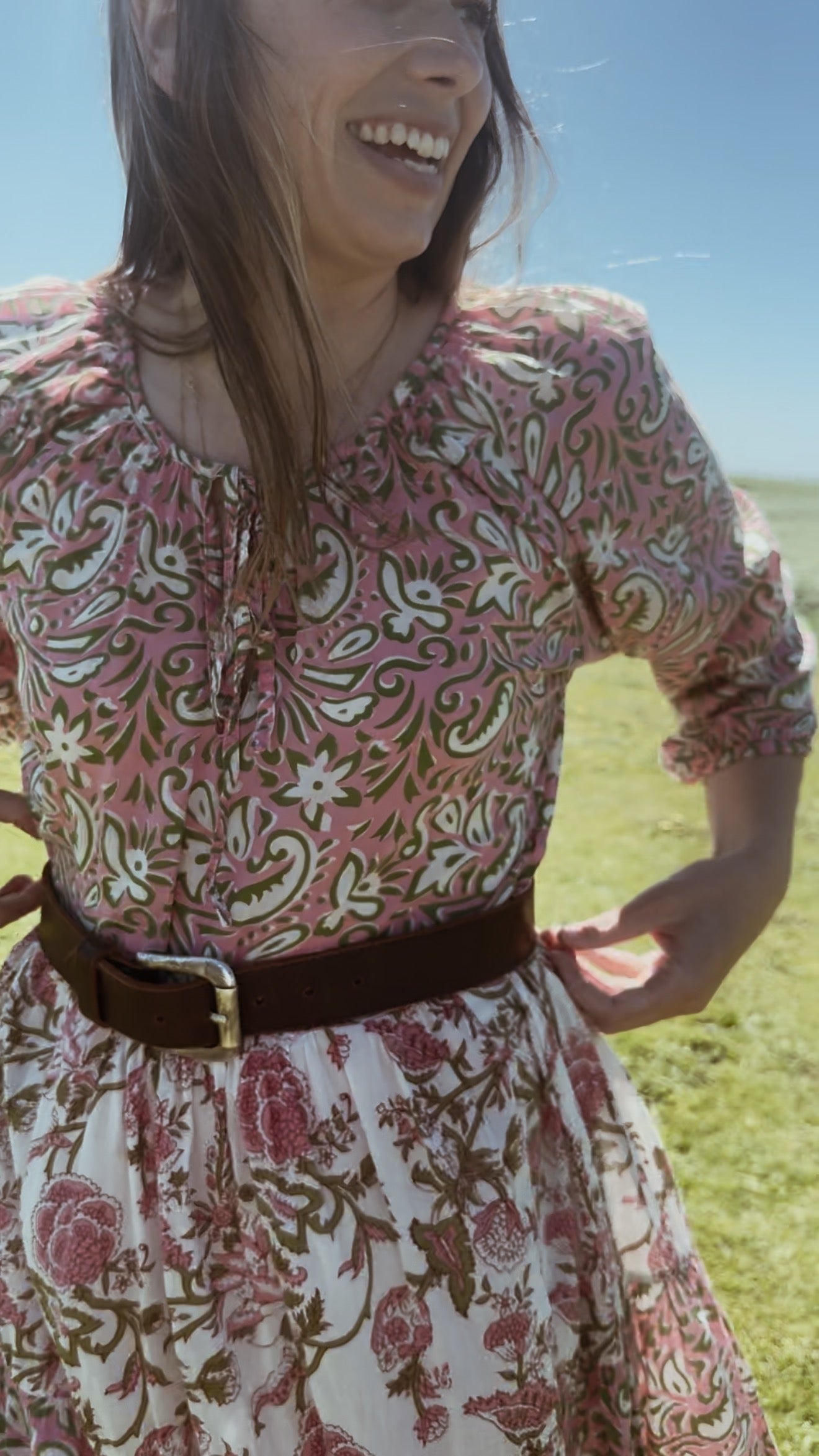 REWORKED - ONE OF A KIND PRU DRESS HAND BLOCK PINK FLORAL - SMALL - MEDIUM