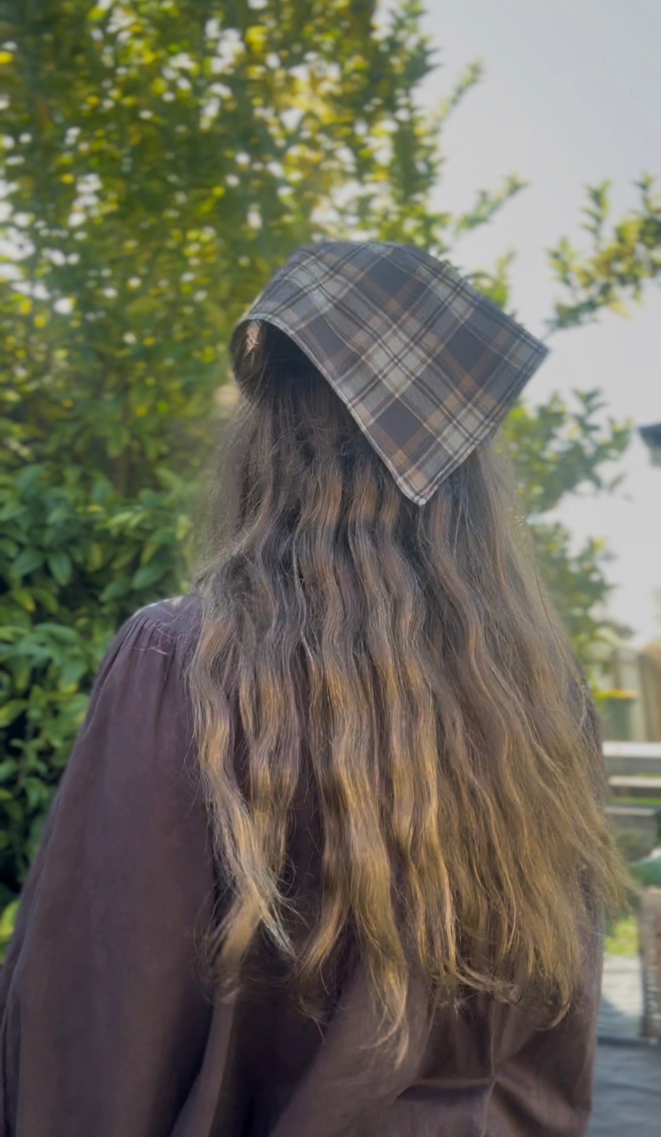 REWORKED - BROWN CHECK PLAID COTTON HEAD SCARF