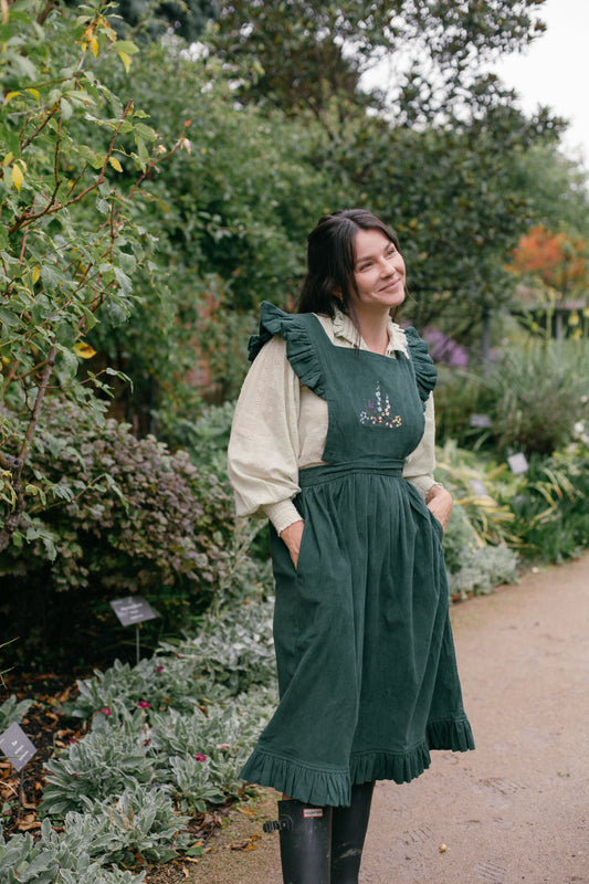 100% RECYCLED COTTON - ANOUK RUFFLE PINAFORE/SKIRT CORDUROY FOREST GREEN