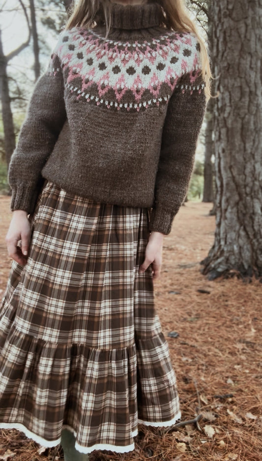 VINTAGE HANDMADE BROWN WOOL FAIRISLE JUMPER S-XL