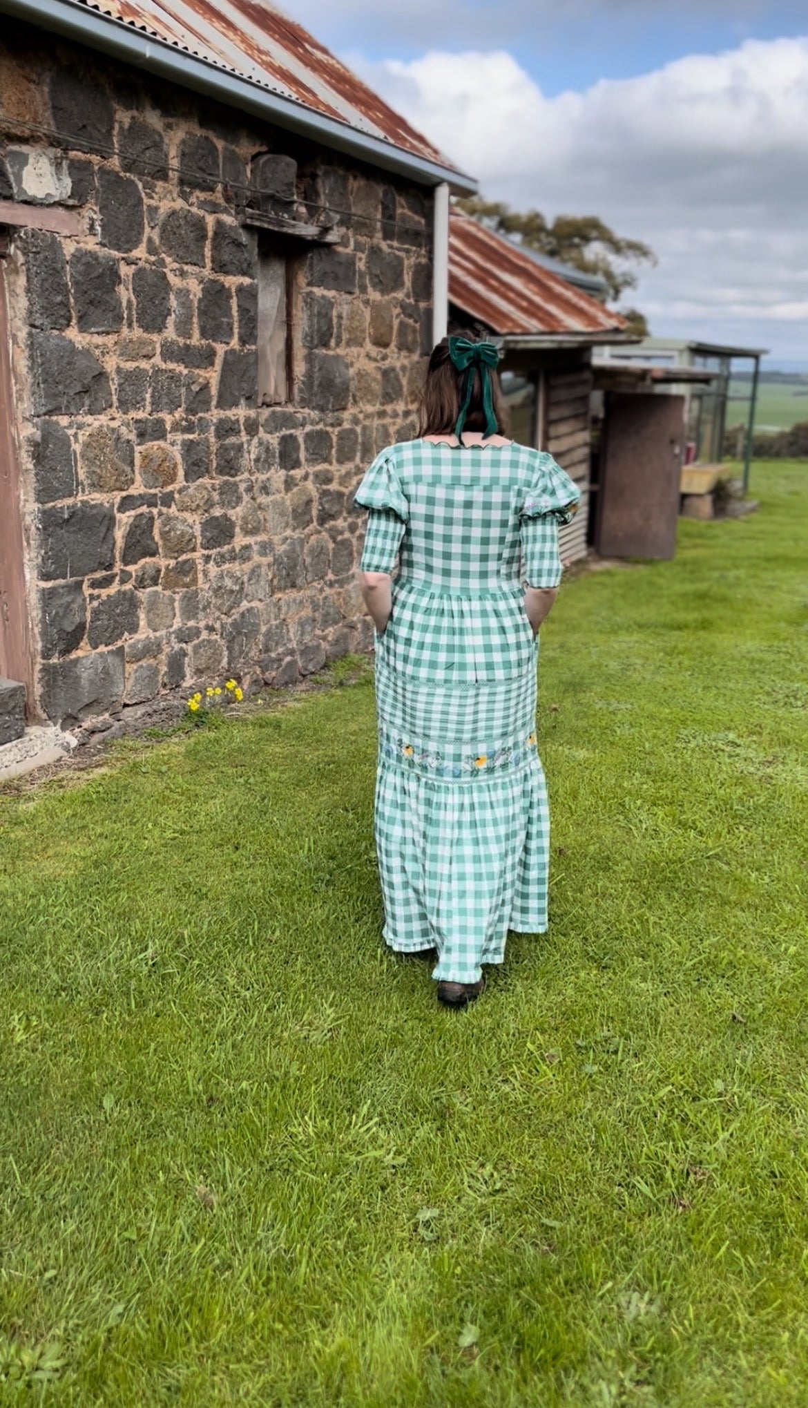 100% RECYCLED COTTON - AUGUSTINE MAXI DRESS GREEN GINGHAM GARDEN