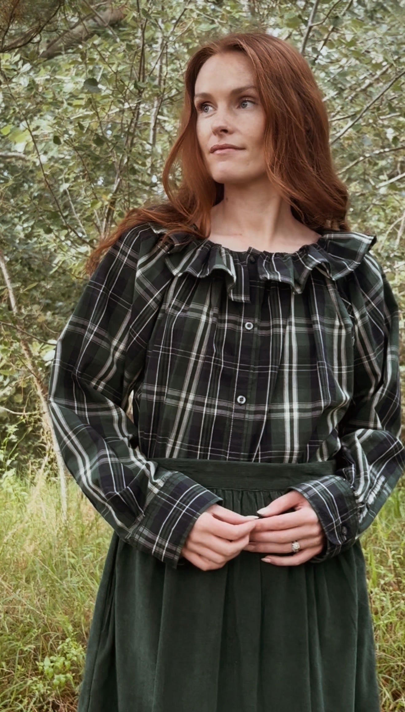 100% RECYCLED COTTON - ANOUK RUFFLE PINAFORE/SKIRT CORDUROY FOREST GREEN
