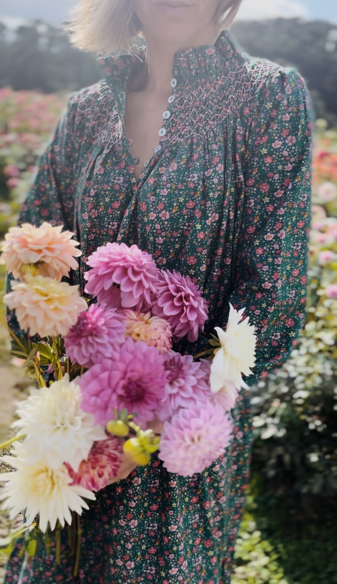 100% RECYCLED COTTON - PRAIRIE DRESS DITSY FLORAL TEAL PINK POPLIN - HAND SMOCKED