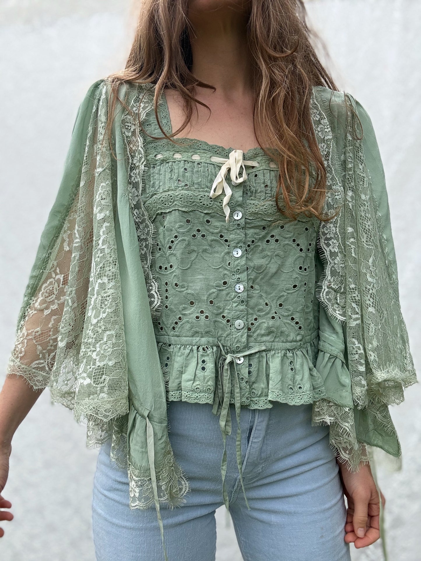 AMORET SILK CAPELET BLOUSE - SAGE