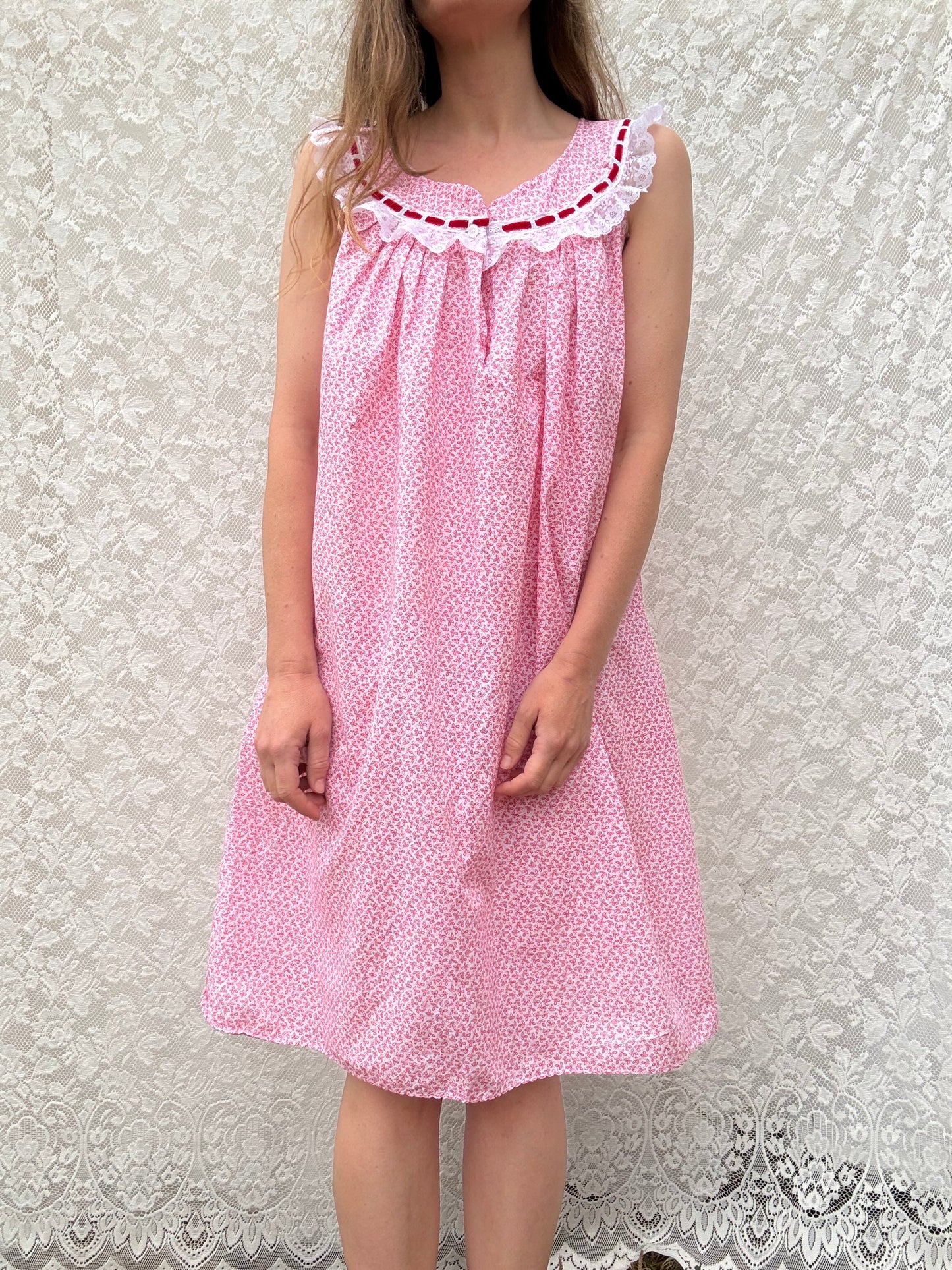 REWORKED DRESS OR NIGHTIE RED FLORAL COTTON 12-14