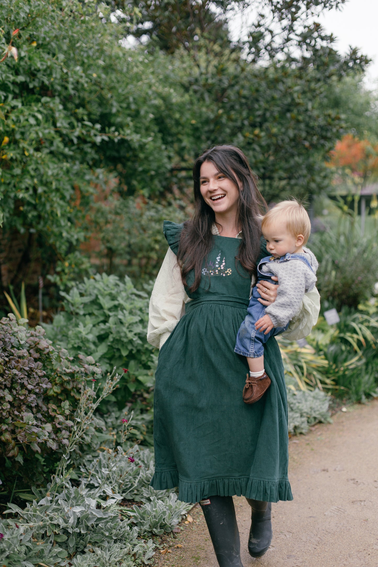 100% RECYCLED COTTON - ANOUK RUFFLE PINAFORE/SKIRT CORDUROY FOREST GREEN
