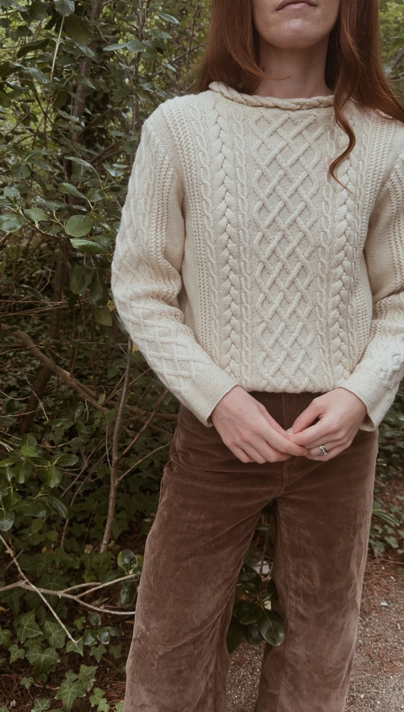 VINTAGE ARAN CABLE KNIT WOOL JUMPER CREAM XS