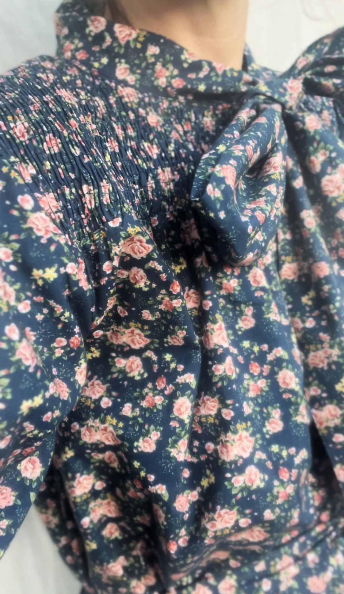 100% RECYCLED COTTON - FLEUR MAXI DRESS PUSSY BOW VINTAGE NAVY FLORAL