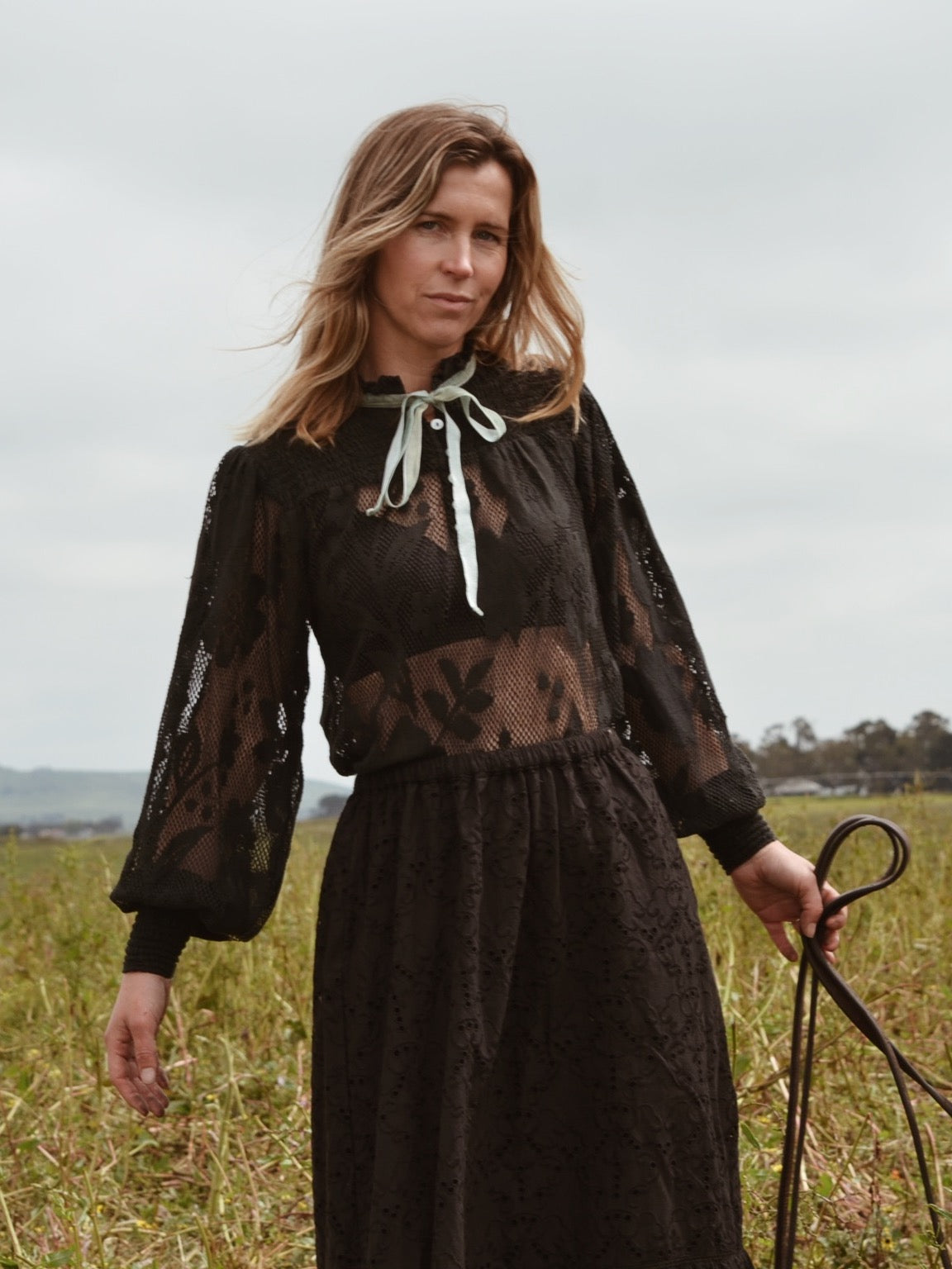 CELESTE CROCHET COTTON BLOUSE BLACK