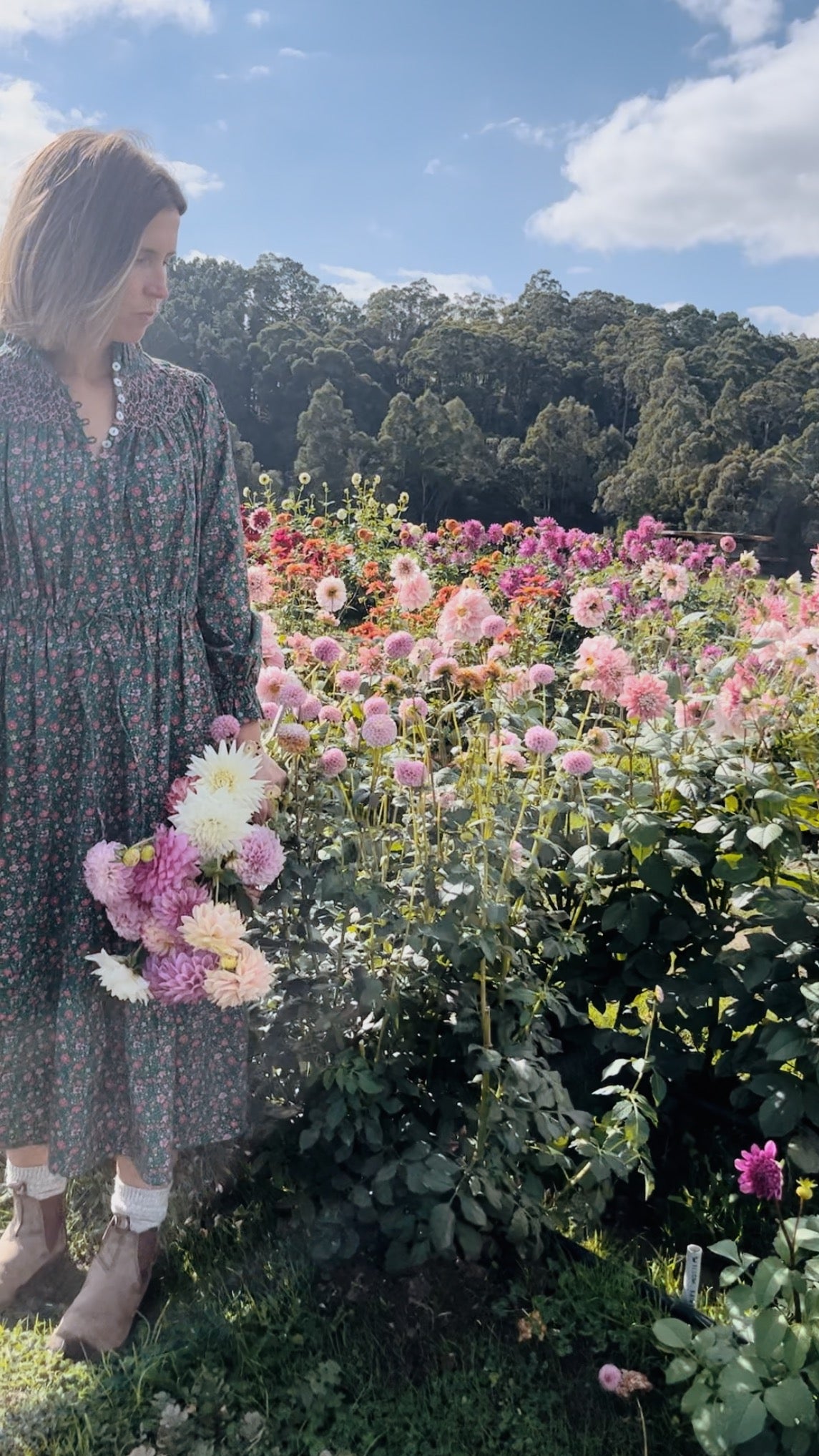 100% RECYCLED COTTON - PRAIRIE DRESS DITSY FLORAL TEAL PINK POPLIN - HAND SMOCKED