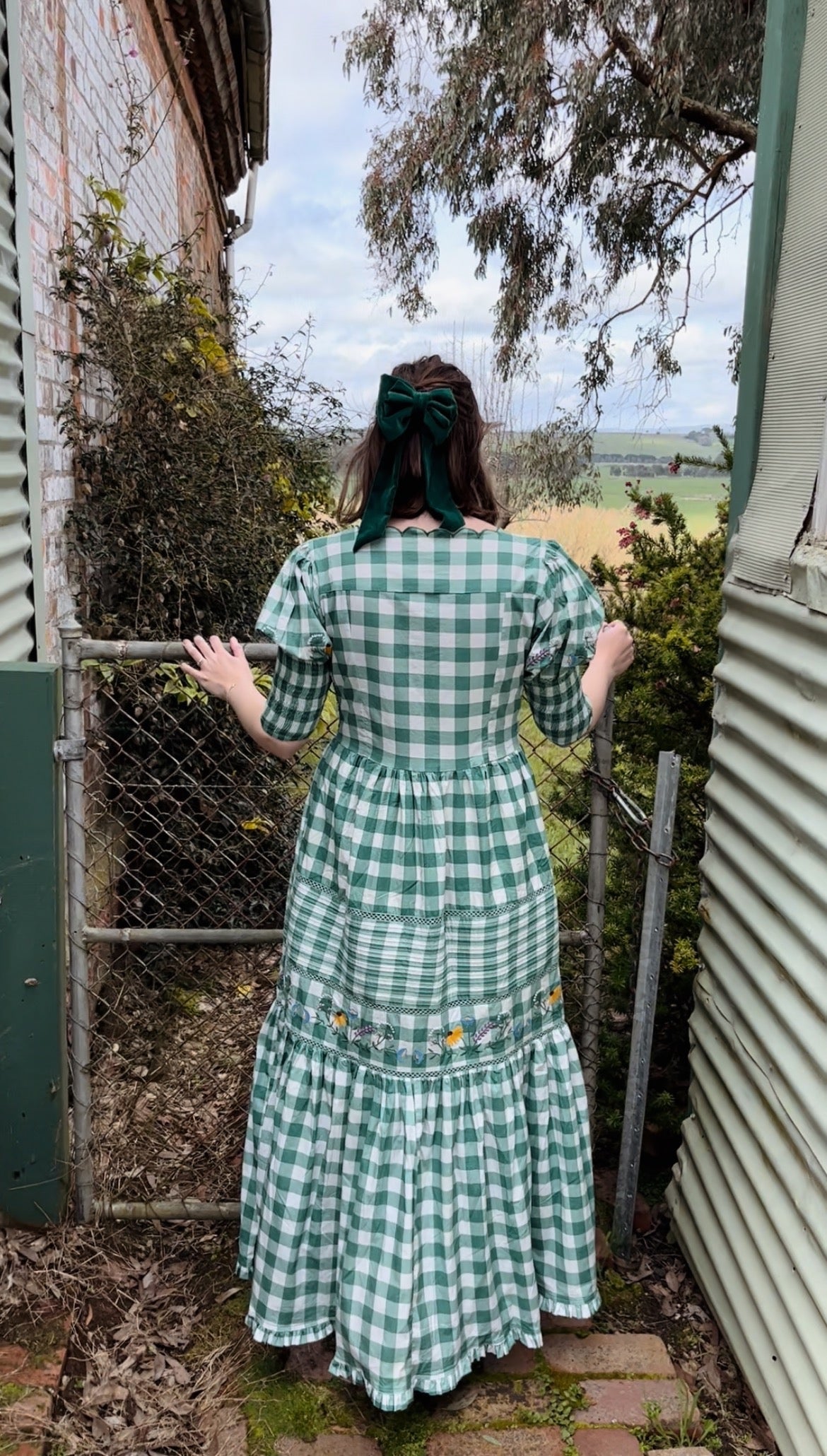 100% RECYCLED COTTON - AUGUSTINE MAXI DRESS GREEN GINGHAM GARDEN