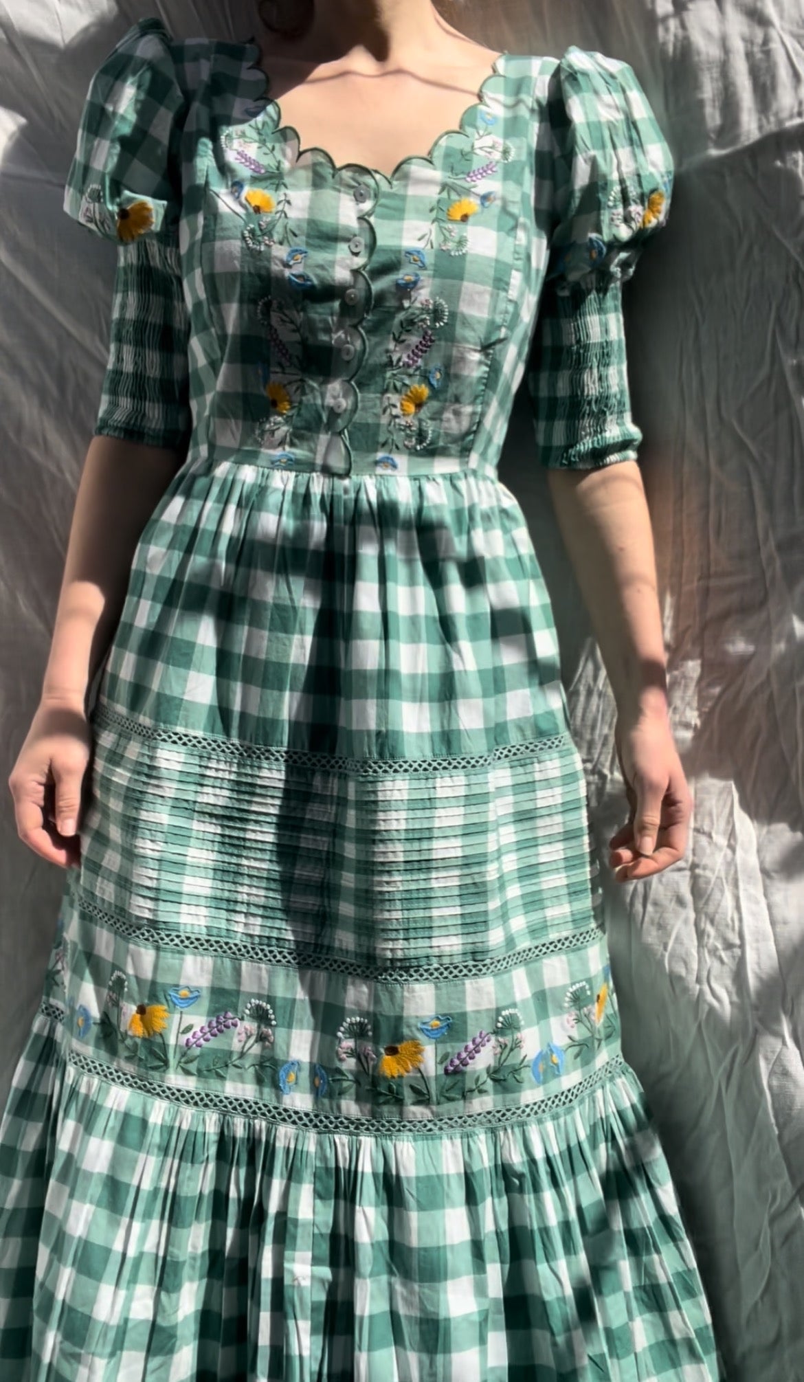 100% RECYCLED COTTON - AUGUSTINE MIDI DRESS GREEN GINGHAM GARDEN