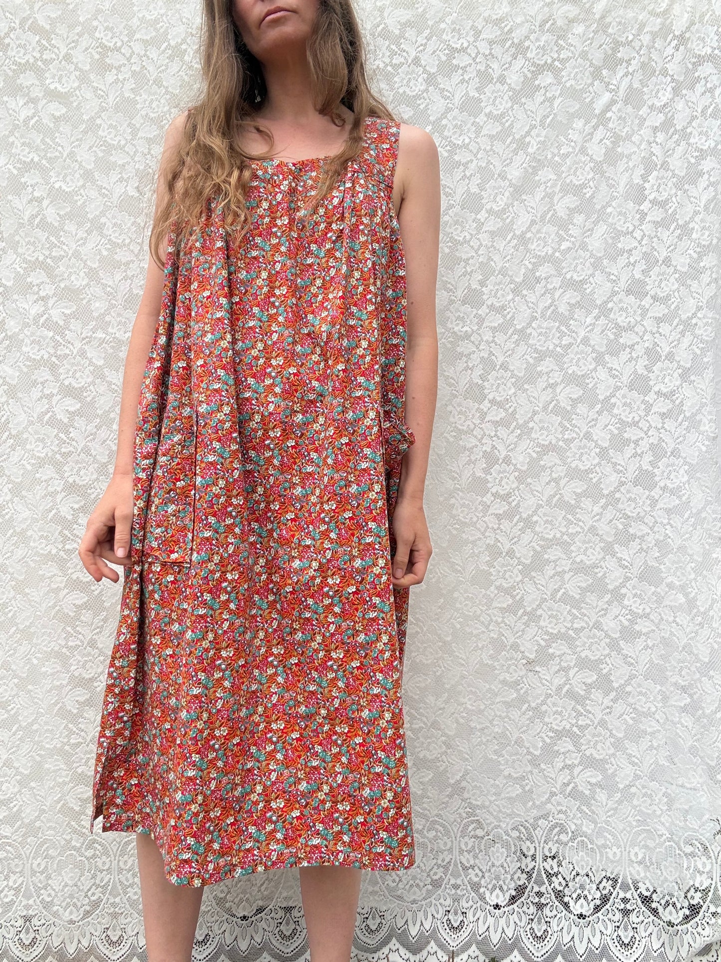 REWORKED HOUSE DRESS RED FLORAL 12-14