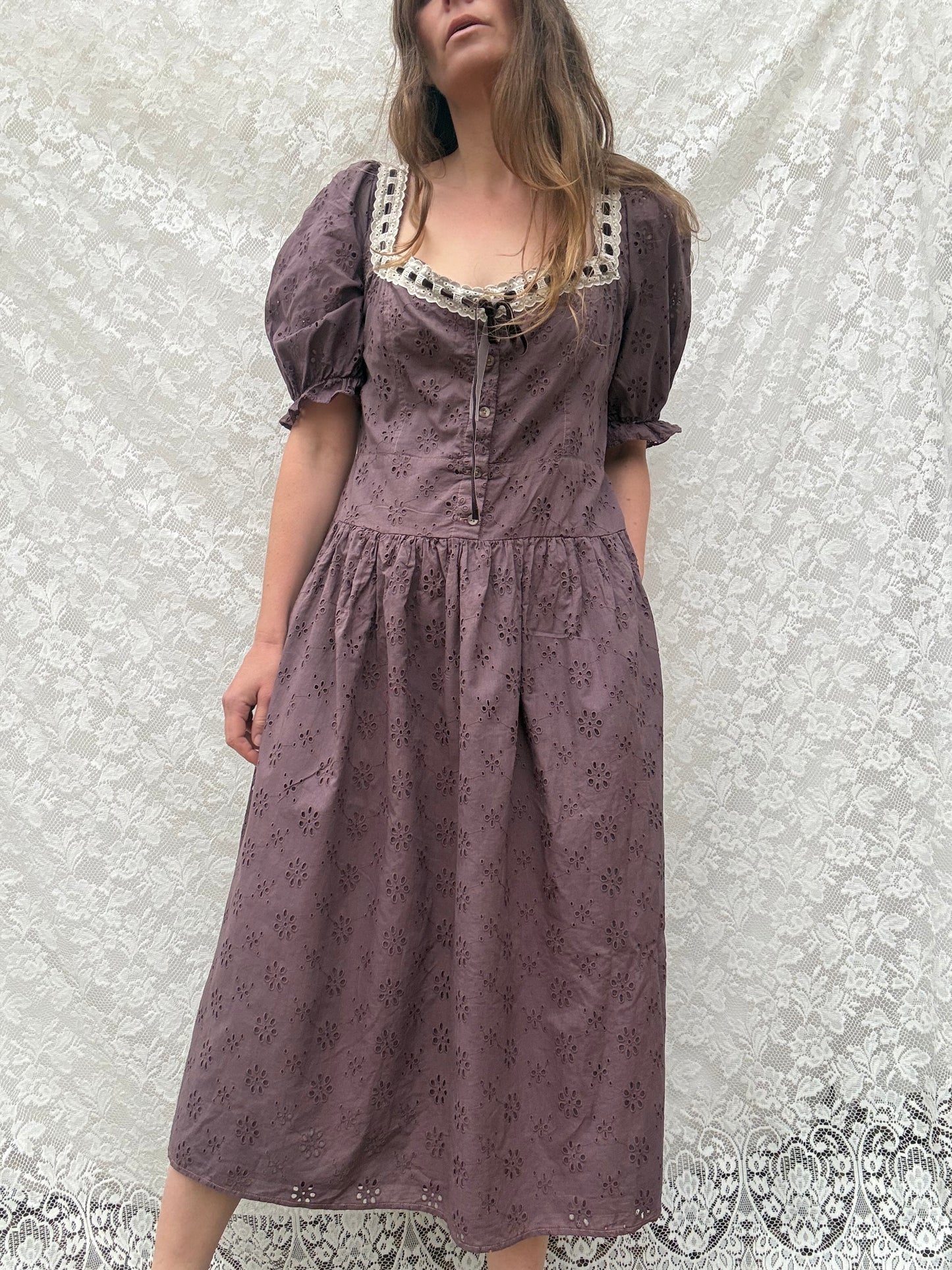 REWORKED - EGGPLANT BRODERIE COTTON DRESS 12-14