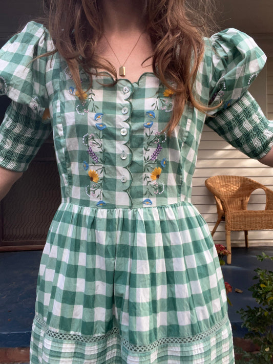 100% RECYCLED COTTON - AUGUSTINE MIDI DRESS GREEN GINGHAM GARDEN