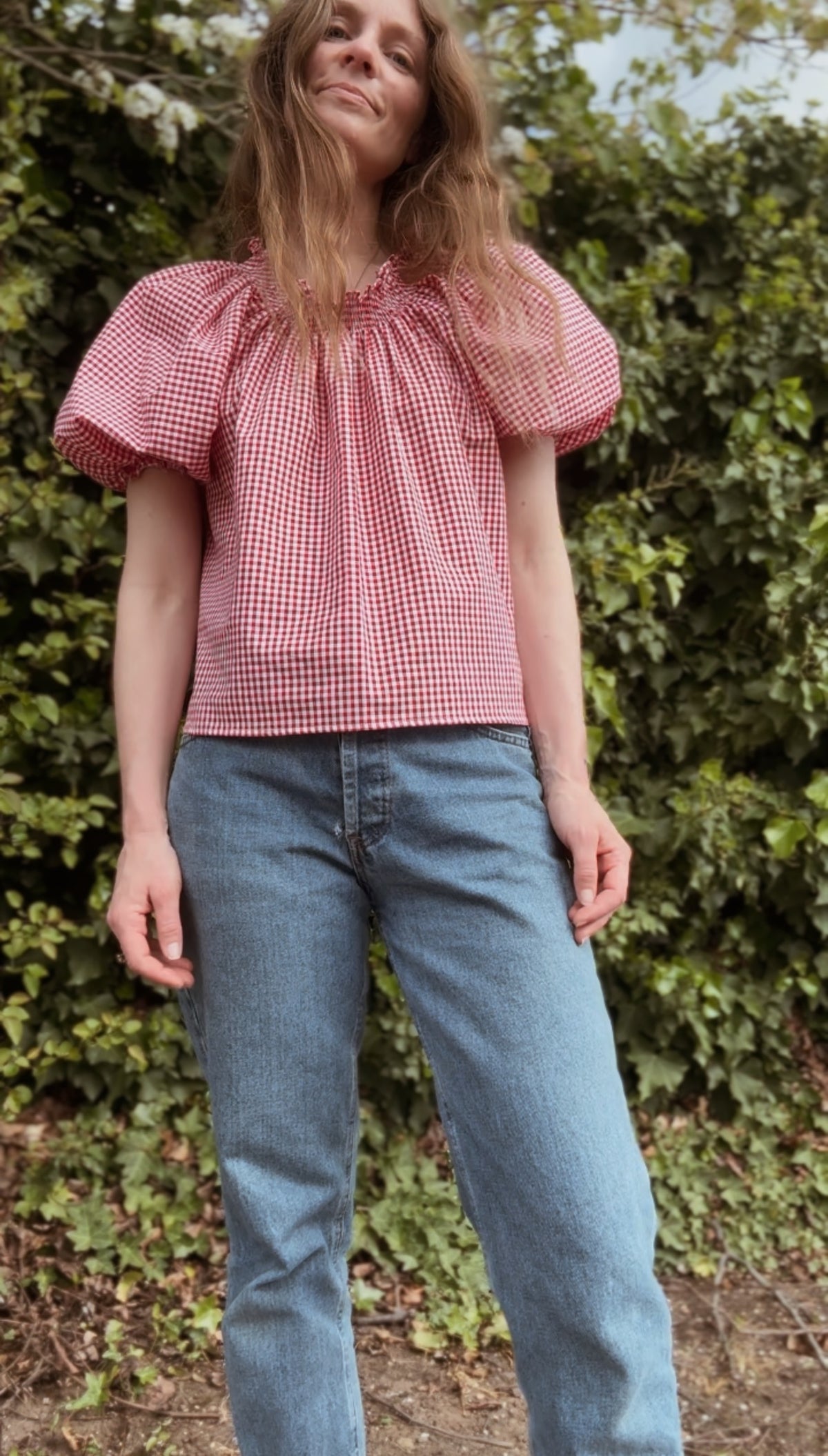 ANYA SMOCK BLOUSE RED GINGHAM COTTON