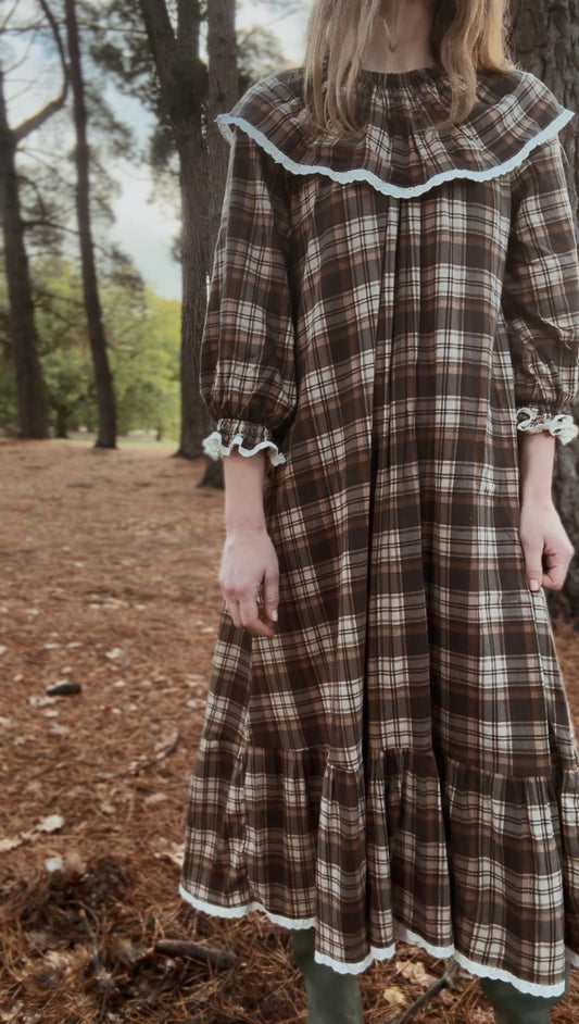 HETTIE SMOCK DRESS BROWN PLAID CHECK