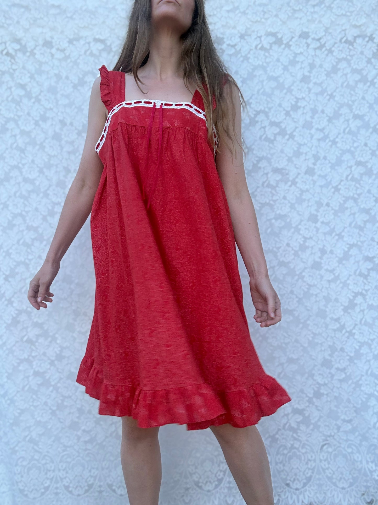 REWORKED - RED COTTON DAY DRESS 10-12