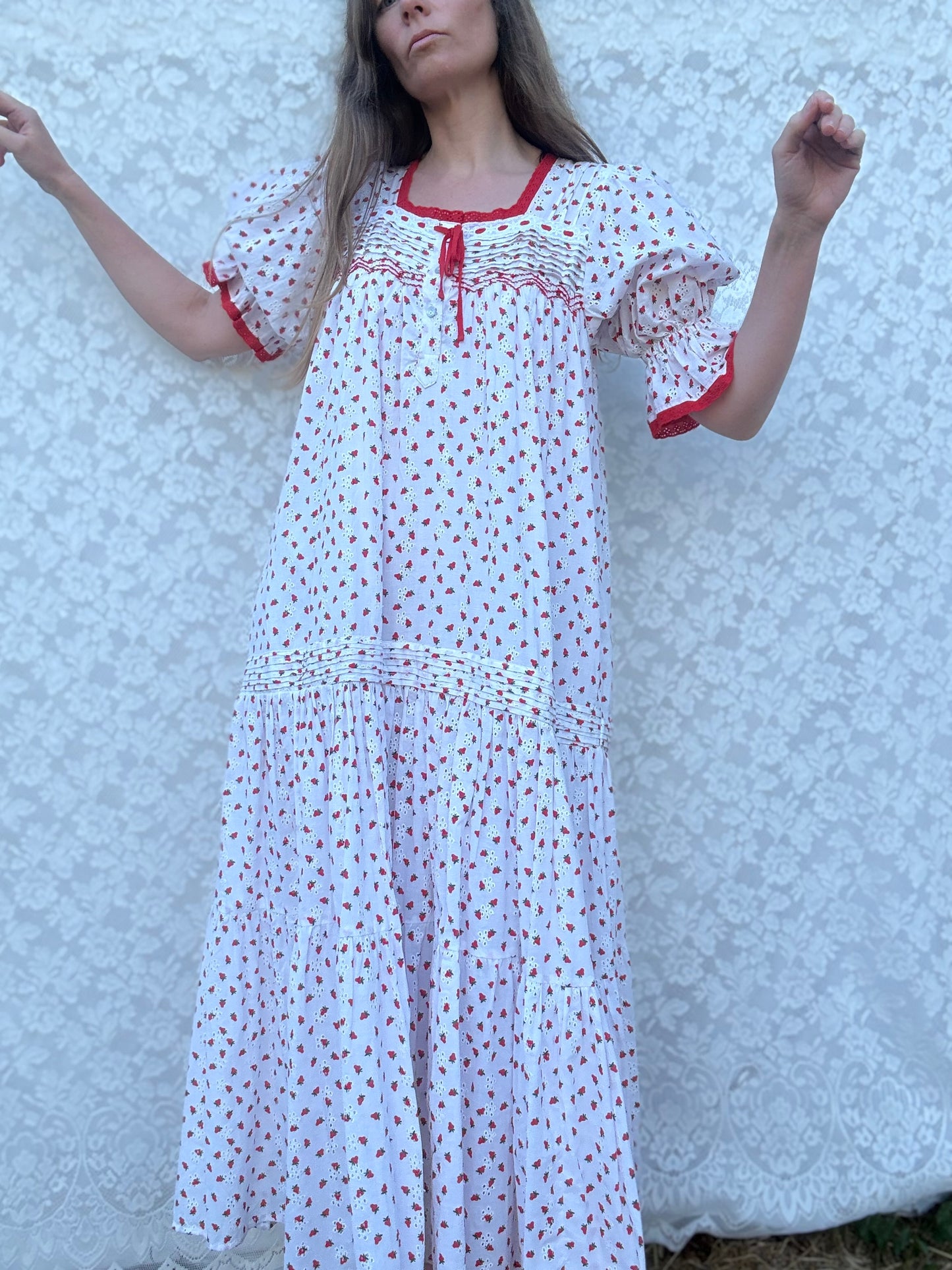 100% RECYCLED COTTON - MORNING SONG HAND SMOCKED TIERED DRESS - STRAWBERRY EMBROIDERED COTTON