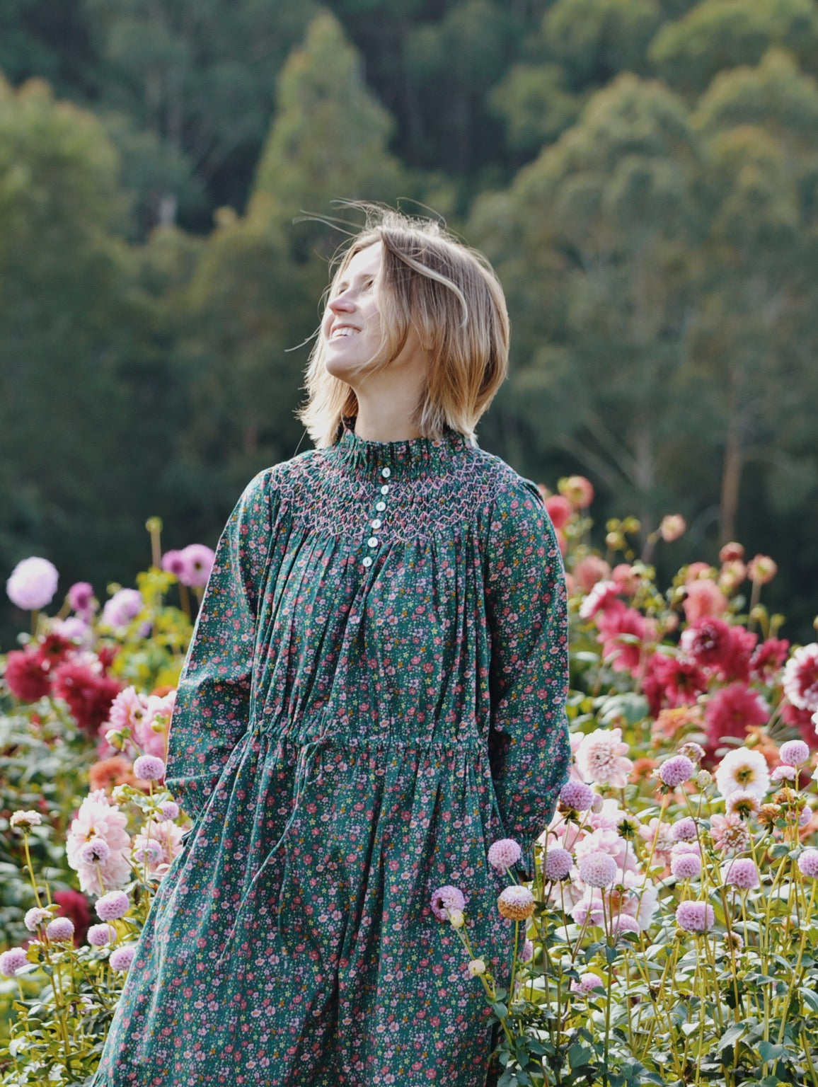 100% RECYCLED COTTON - PRAIRIE DRESS DITSY FLORAL TEAL PINK POPLIN - HAND SMOCKED