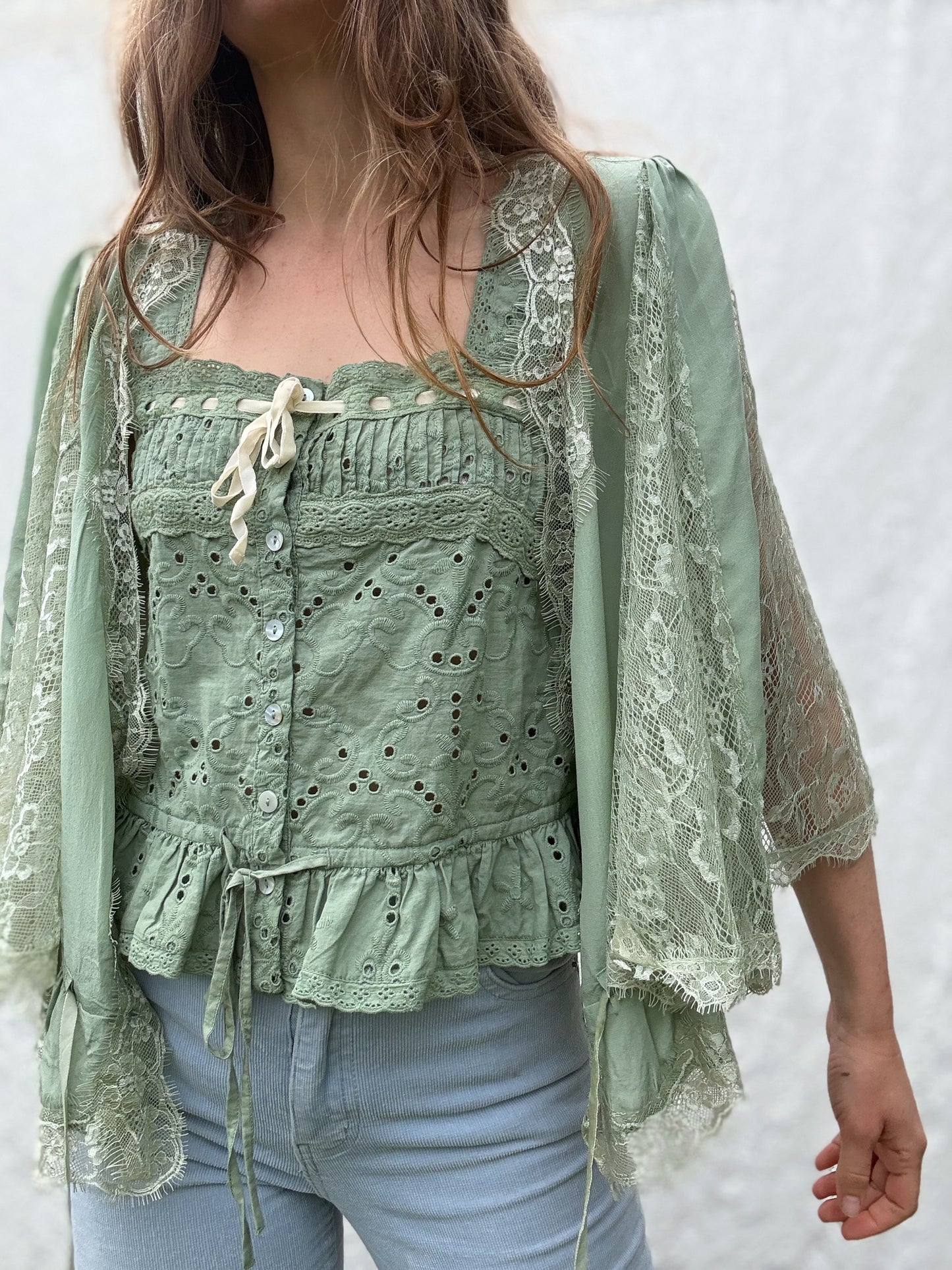 AMORET SILK CAPELET BLOUSE - SAGE