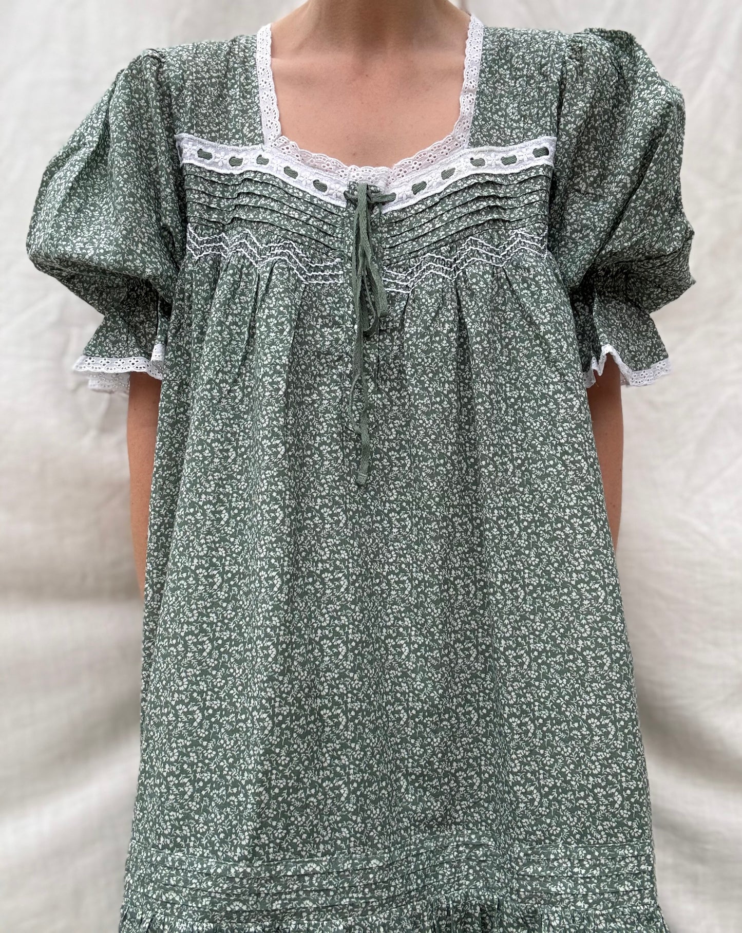 100% RECYCLED COTTON - MORNING SONG HAND SMOCKED TIERED DRESS - SAGE GREEN FLORAL