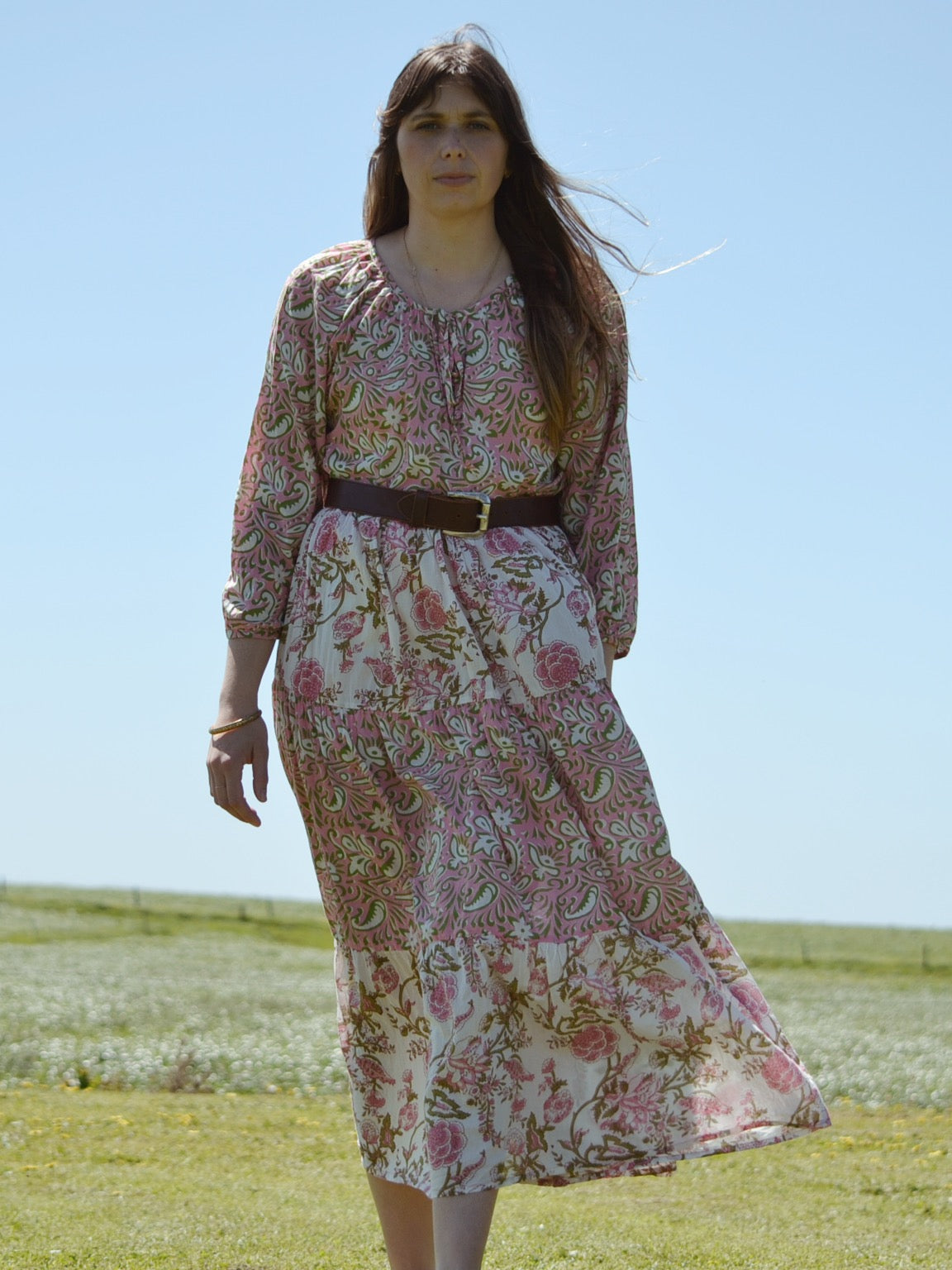 REWORKED - ONE OF A KIND PRU DRESS HAND BLOCK PINK FLORAL - SMALL - MEDIUM