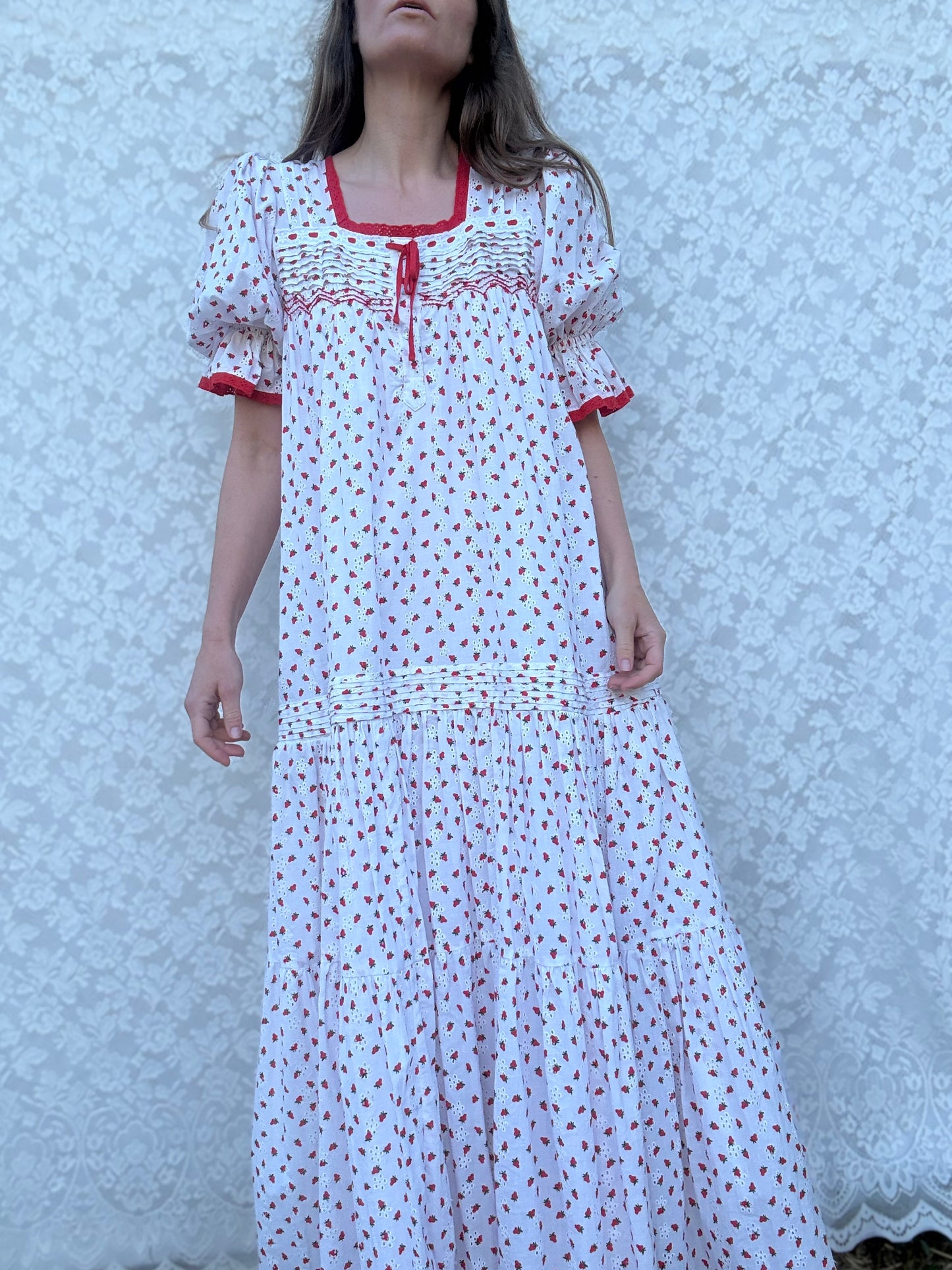 100% RECYCLED COTTON - MORNING SONG HAND SMOCKED TIERED DRESS - STRAWBERRY EMBROIDERED COTTON
