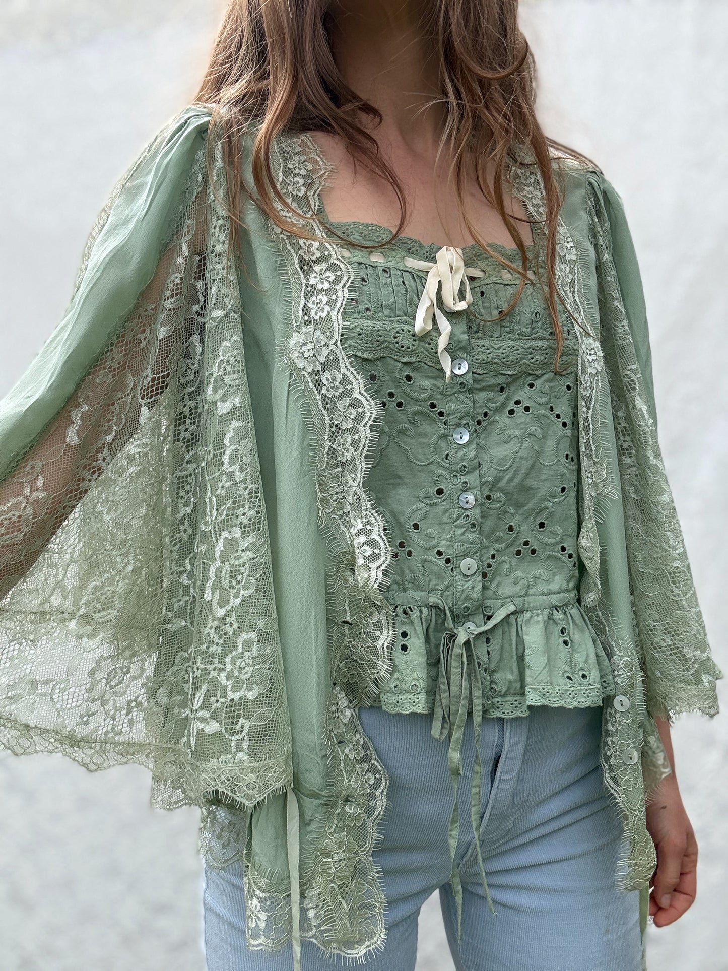AMORET SILK CAPELET BLOUSE - SAGE