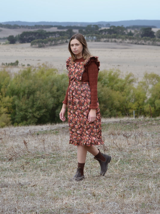 100% RECYCLED COTTON - AUTUMNAL ANOUK RUFFLE PINAFORE/SKIRT CORDUROY