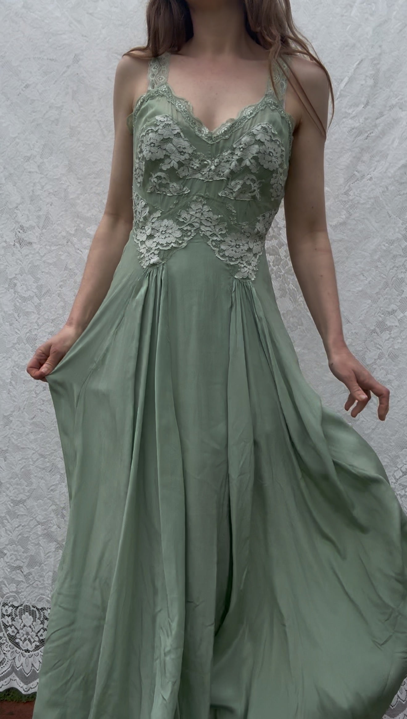 AURORA SILK & LACE DRESS - SAGE