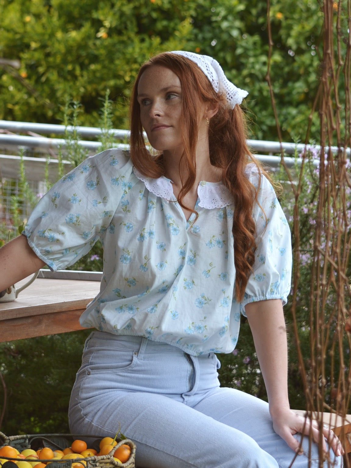 REWORKED - ONE OF A KIND SMOCK CROP BLOUSE BLUE FLORAL EXTRA SMALL