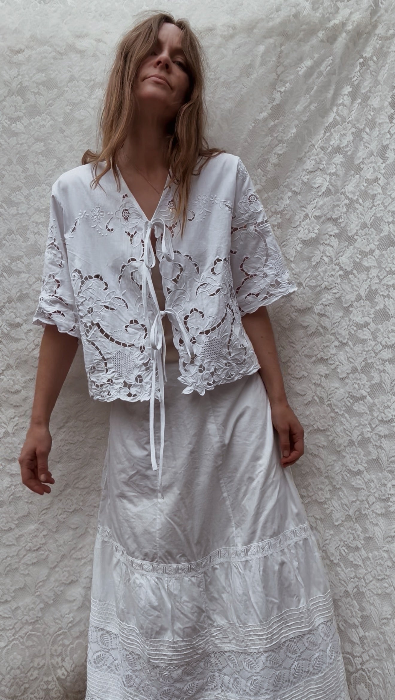 REWORKED TIE FRONT BLOUSE OR CAPELET WHITE