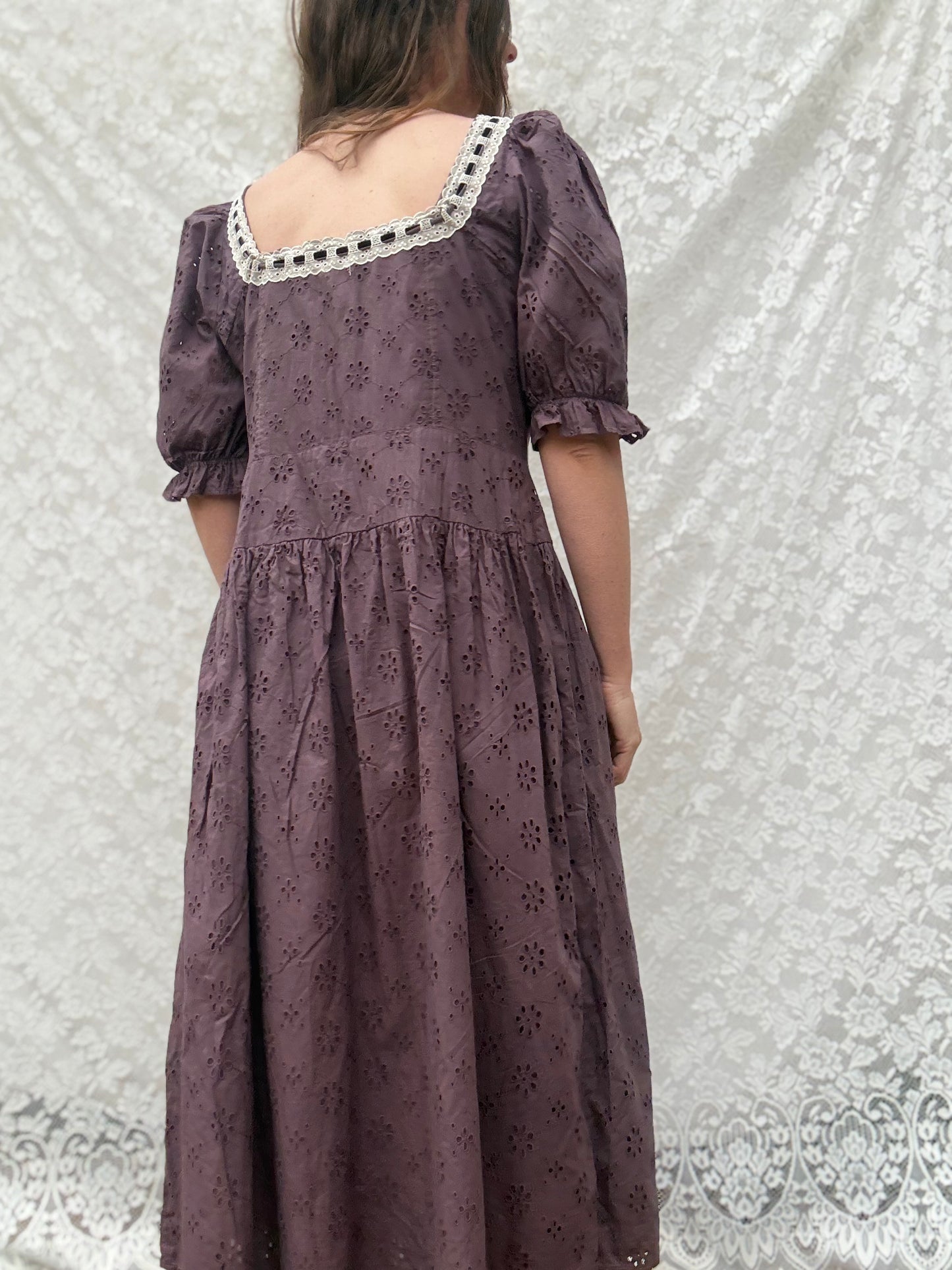 REWORKED - EGGPLANT BRODERIE COTTON DRESS 12-14