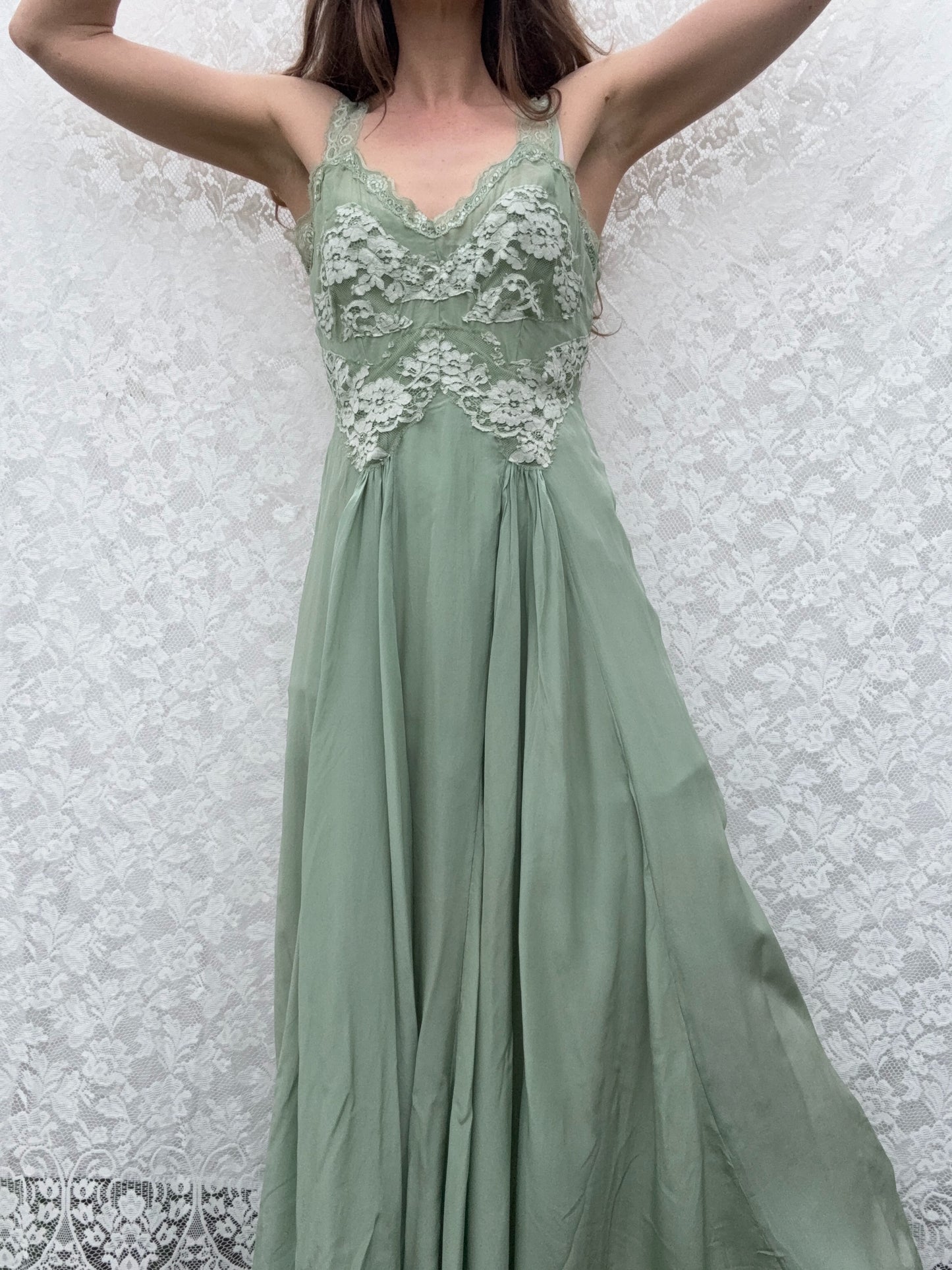 AURORA SILK & LACE DRESS - SAGE