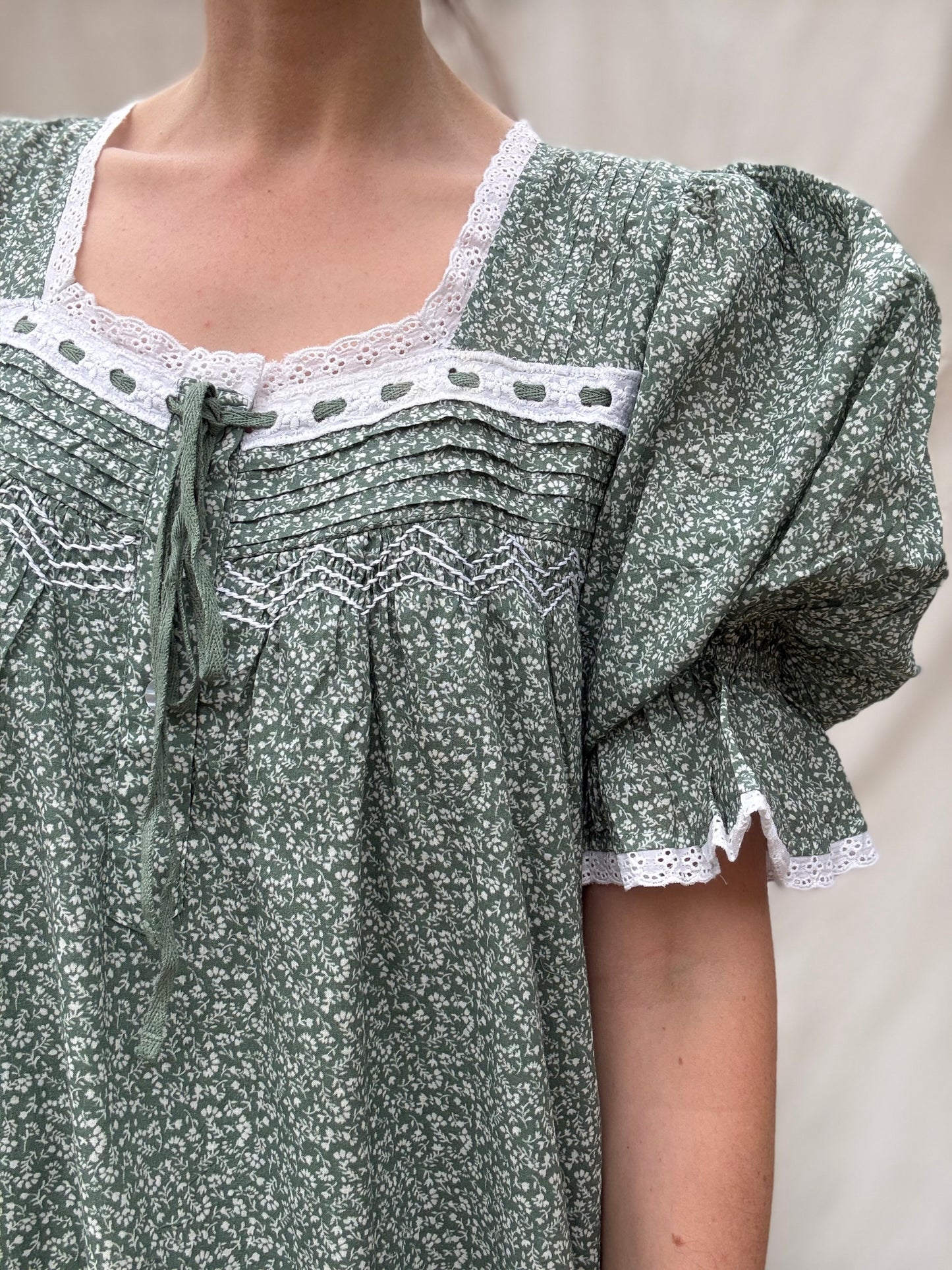 100% RECYCLED COTTON - MORNING SONG HAND SMOCKED TIERED DRESS - SAGE GREEN FLORAL