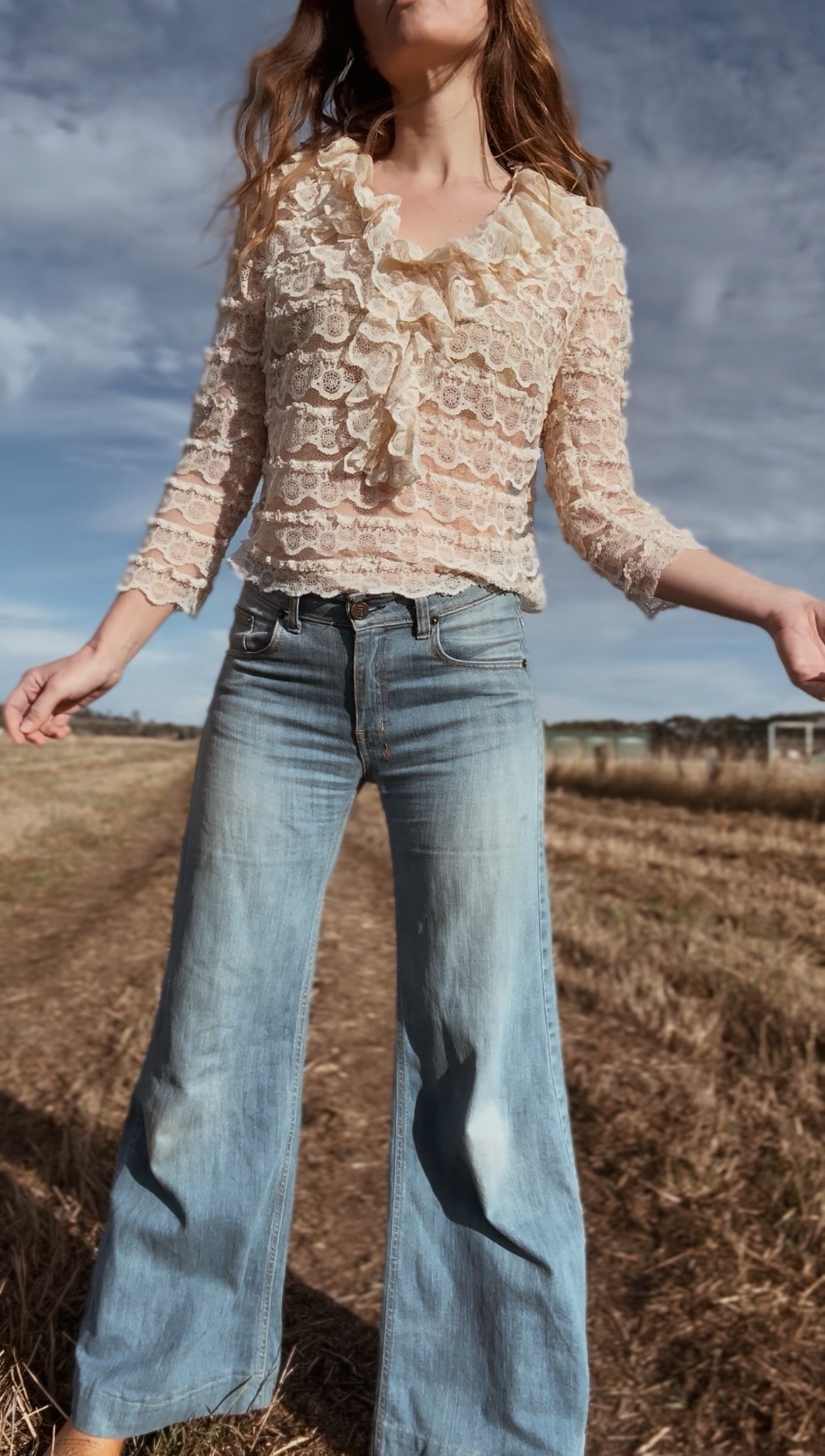 VINTAGE JOHN CRAIG LACE RUFFLE BLOUSE CREAM XS