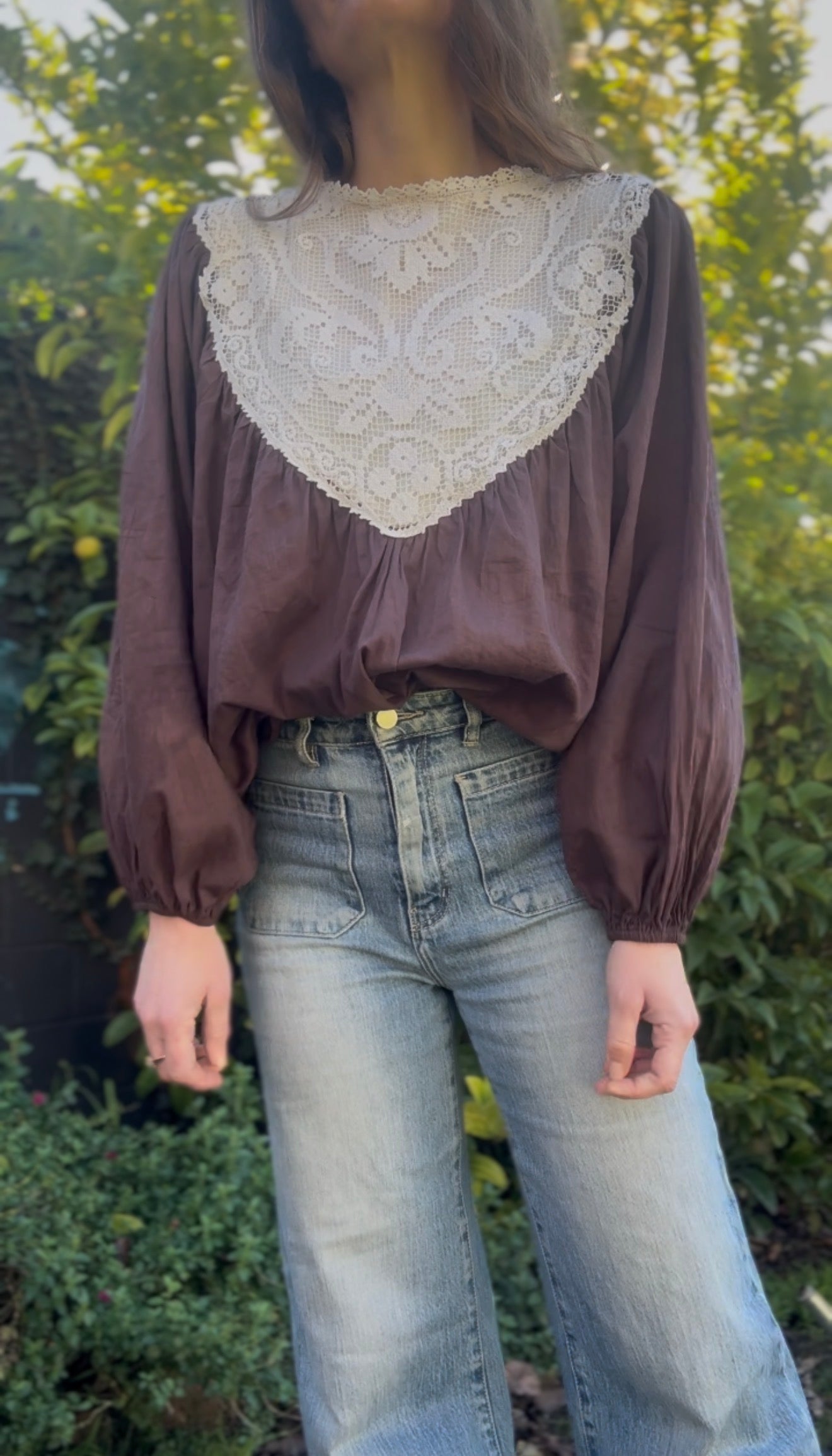 ONE OF A KIND SMOCK REWORKED BLOUSE BROWN WITH FILET LACE - XL