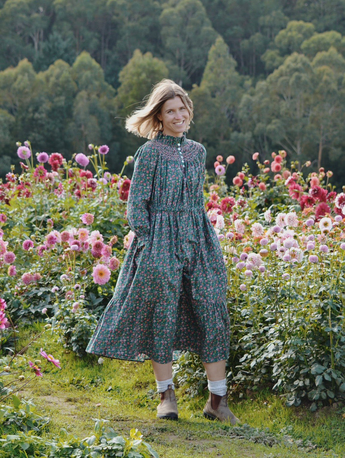 100% RECYCLED COTTON - PRAIRIE DRESS DITSY FLORAL TEAL PINK POPLIN - HAND SMOCKED