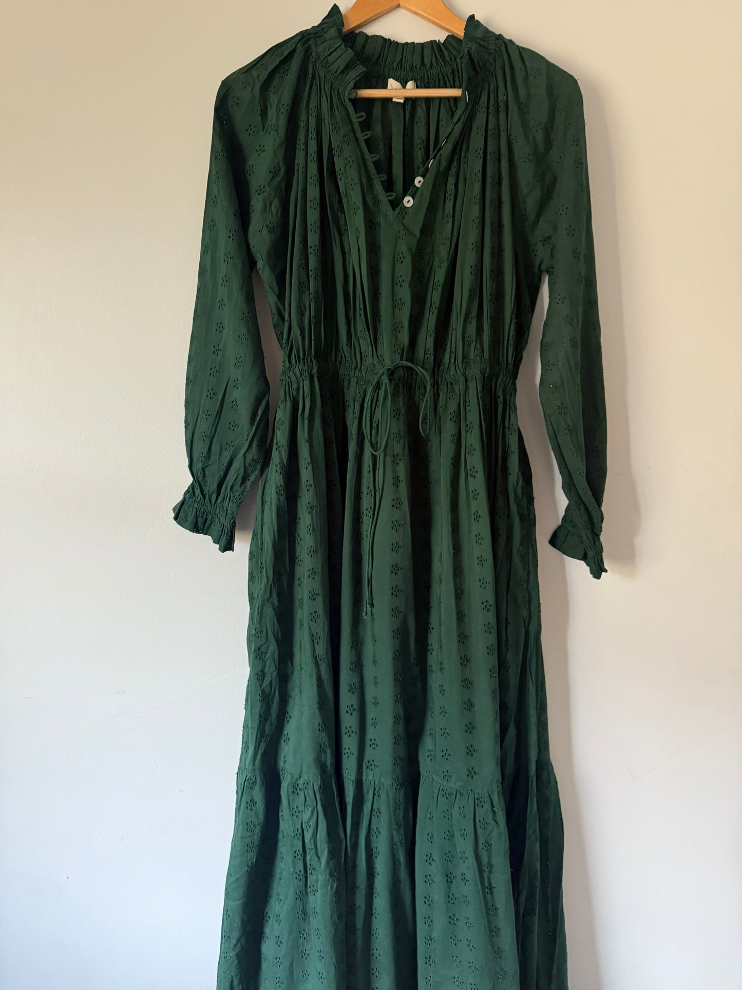 SAMPLE - 100% RECYCLED COTTON - PRAIRIE MAXI DRESS FOREST GREEN LACE